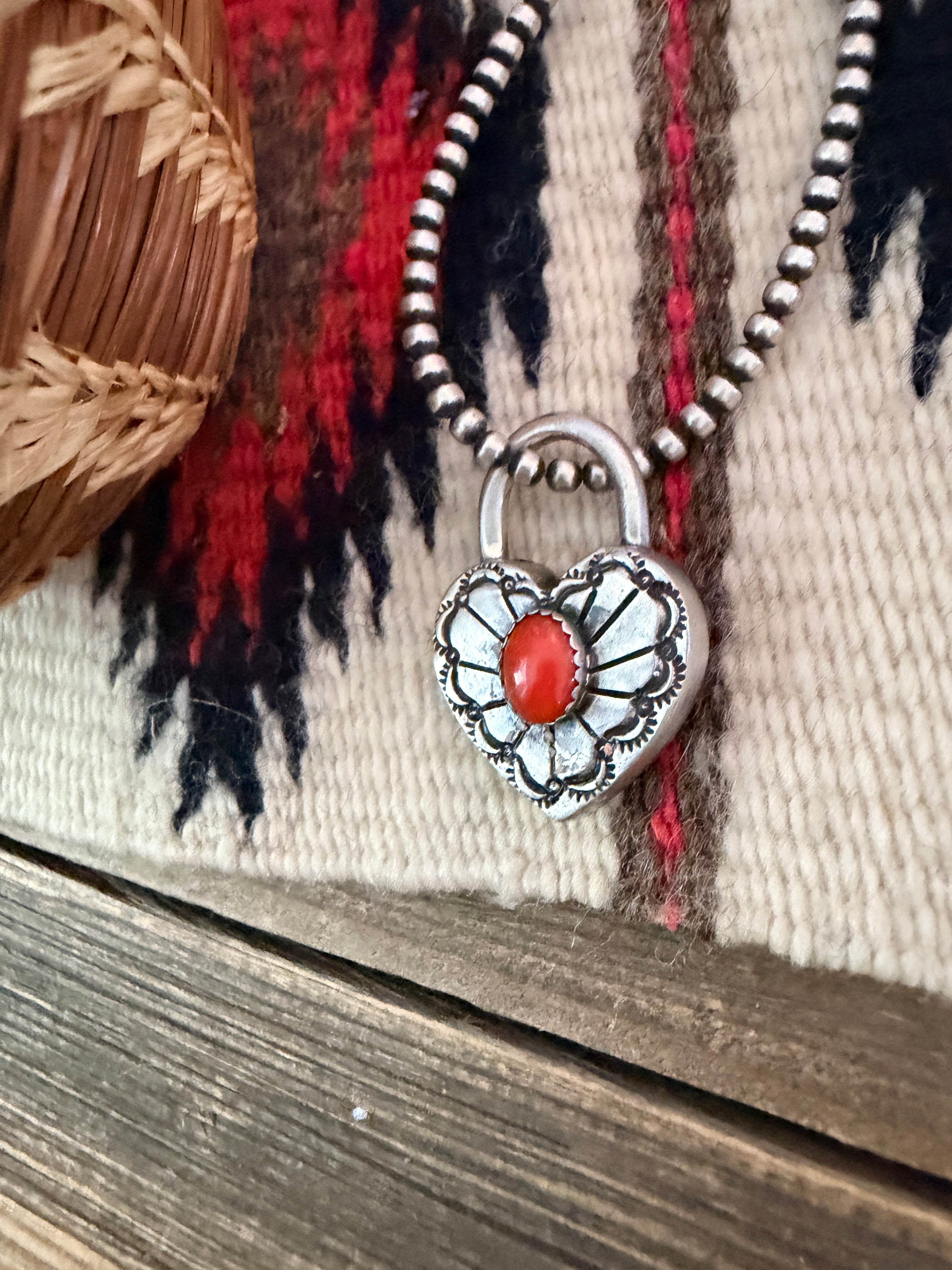 Handcrafted Sterling Silver & Coral Heart Locket Pendant