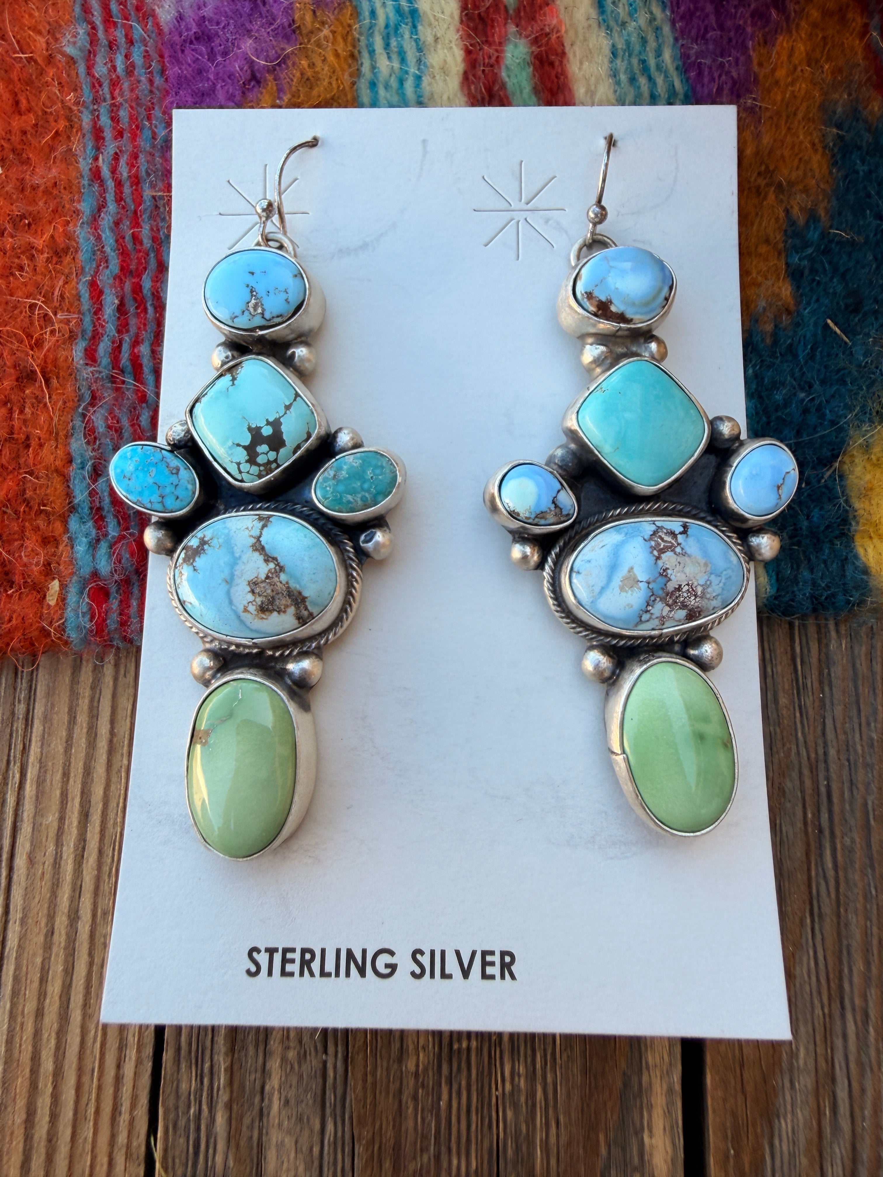 Handcrafted Multi Turquoise & Sterling Silver Cluster Dangle Earrings by Travis Jim