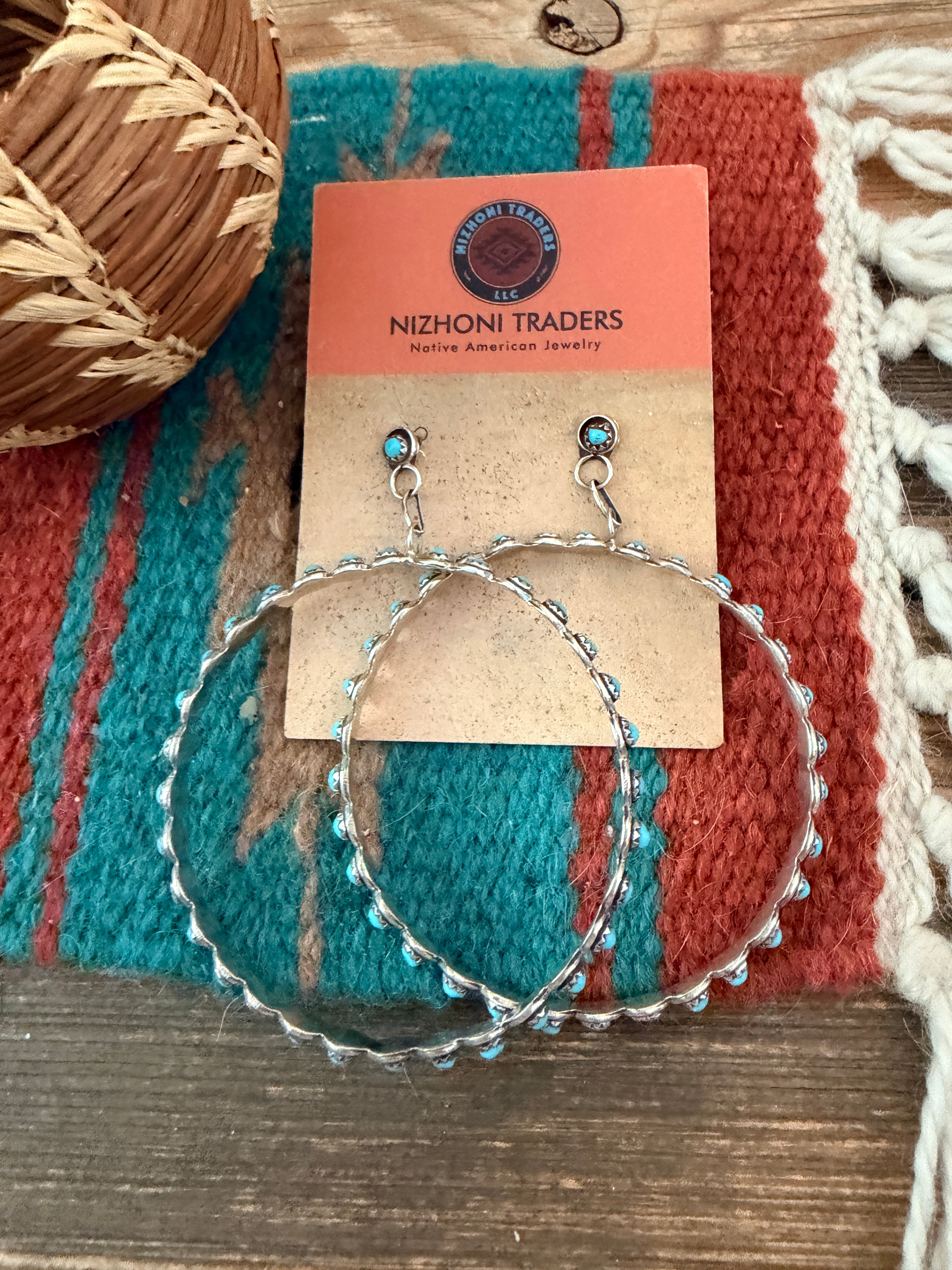 Handcrafted Turquoise & Sterling Silver Snake Eye Dangle Hoop Earrings