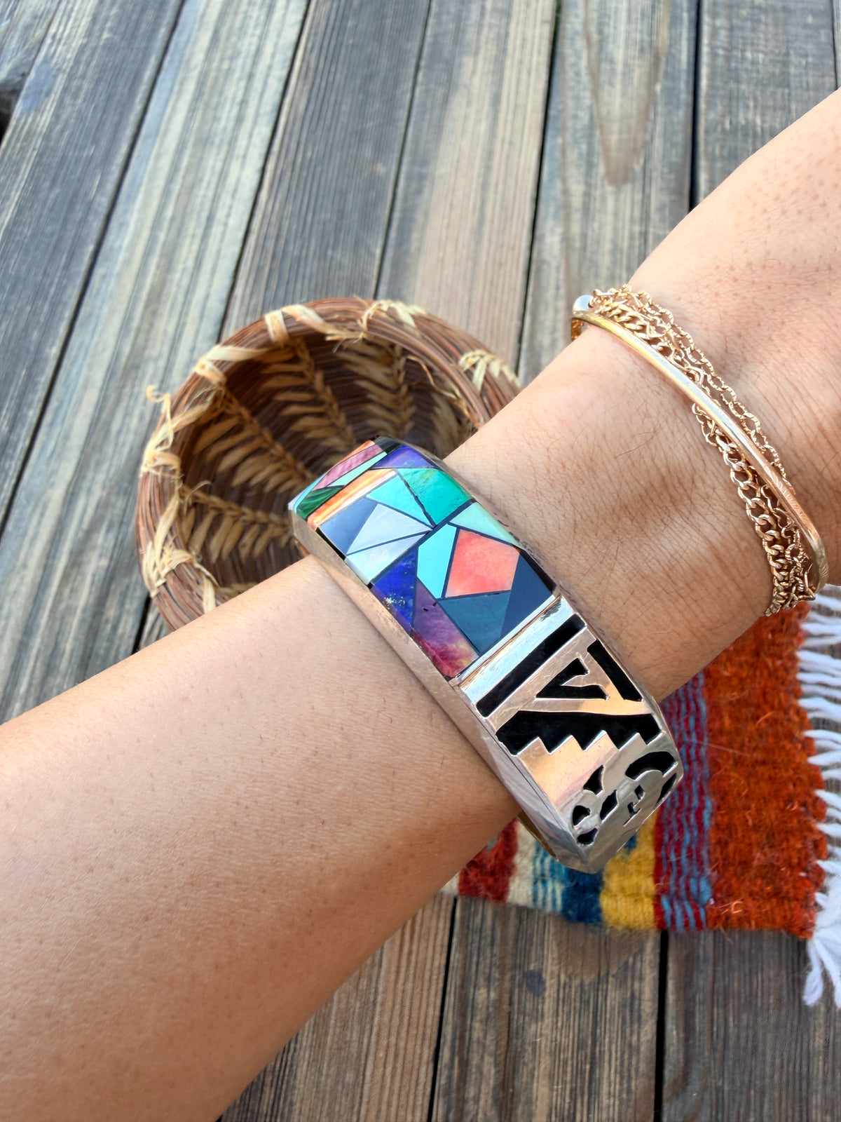 Handcrafted Old Pawn Sterling Silver & Multi Stone Inlay Mosaic Cuff Bracelet