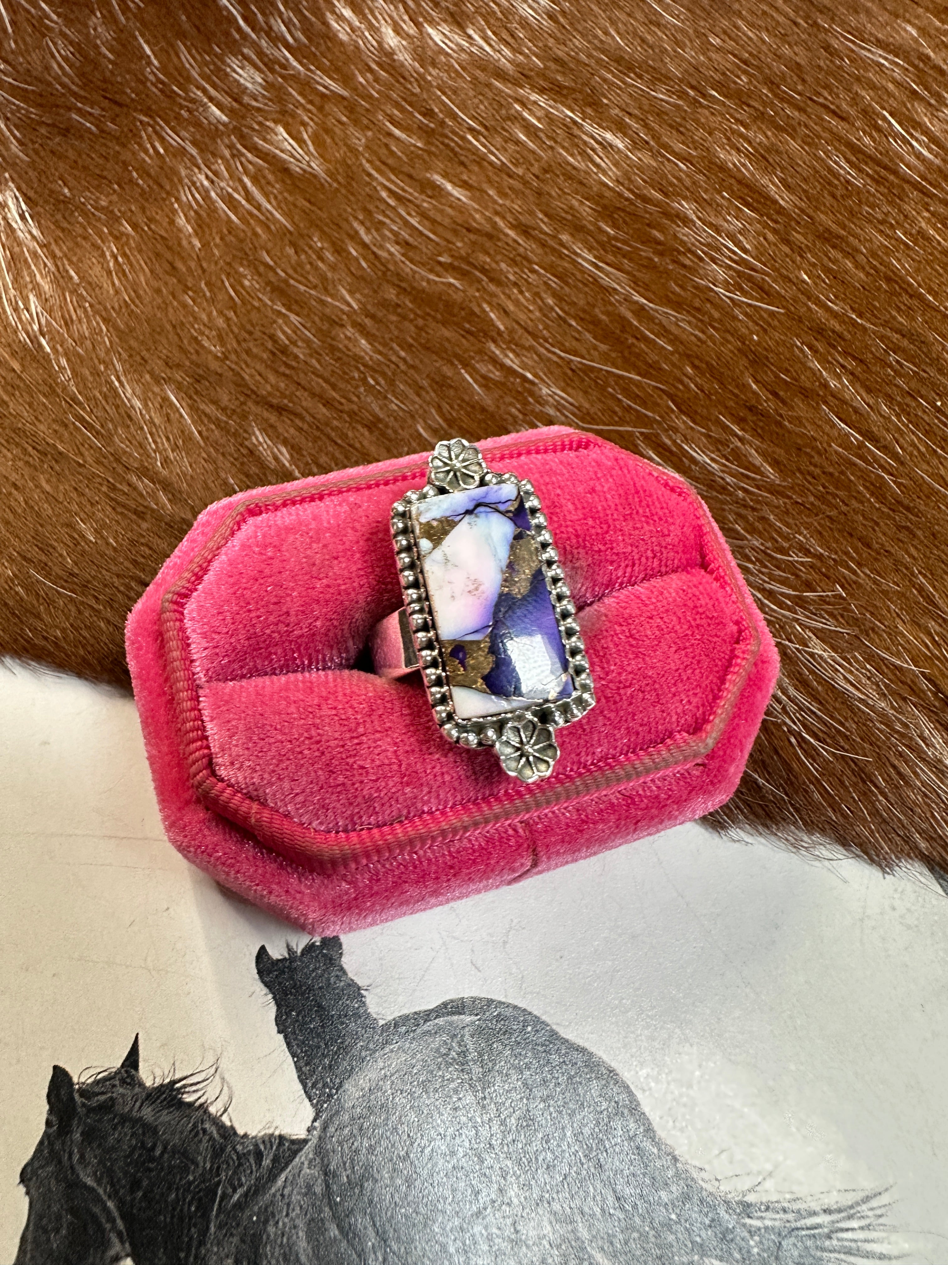 Beautiful Handmade Violet Frost And Sterling Silver Adjustable Ring RECTANGLE