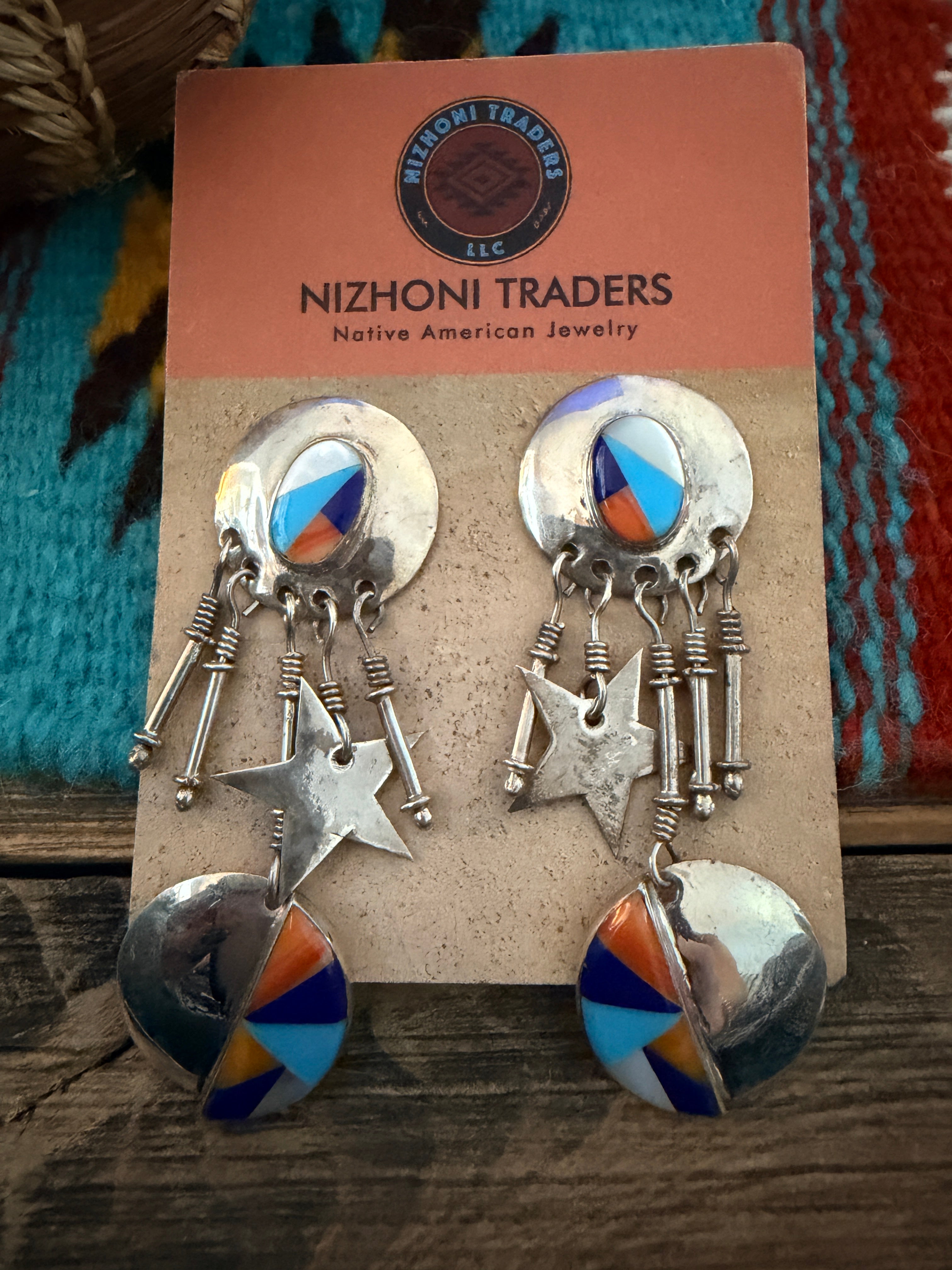 Old Pawn Handcrafted Sterling Silver & Multi Stone Dangle Earrings