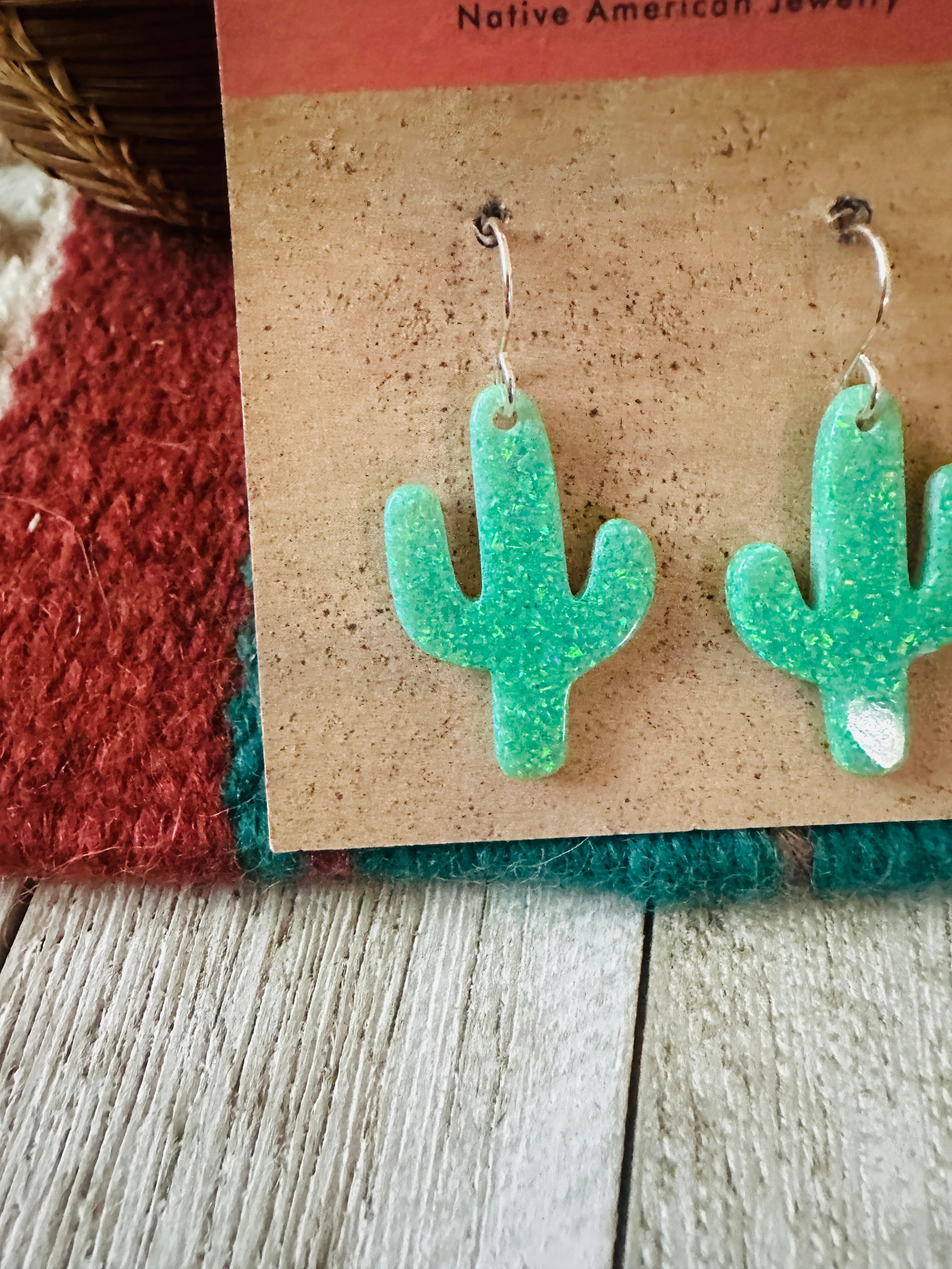 Handcrafted Sterling Silver & Opal Cactus Dangle Earrings
