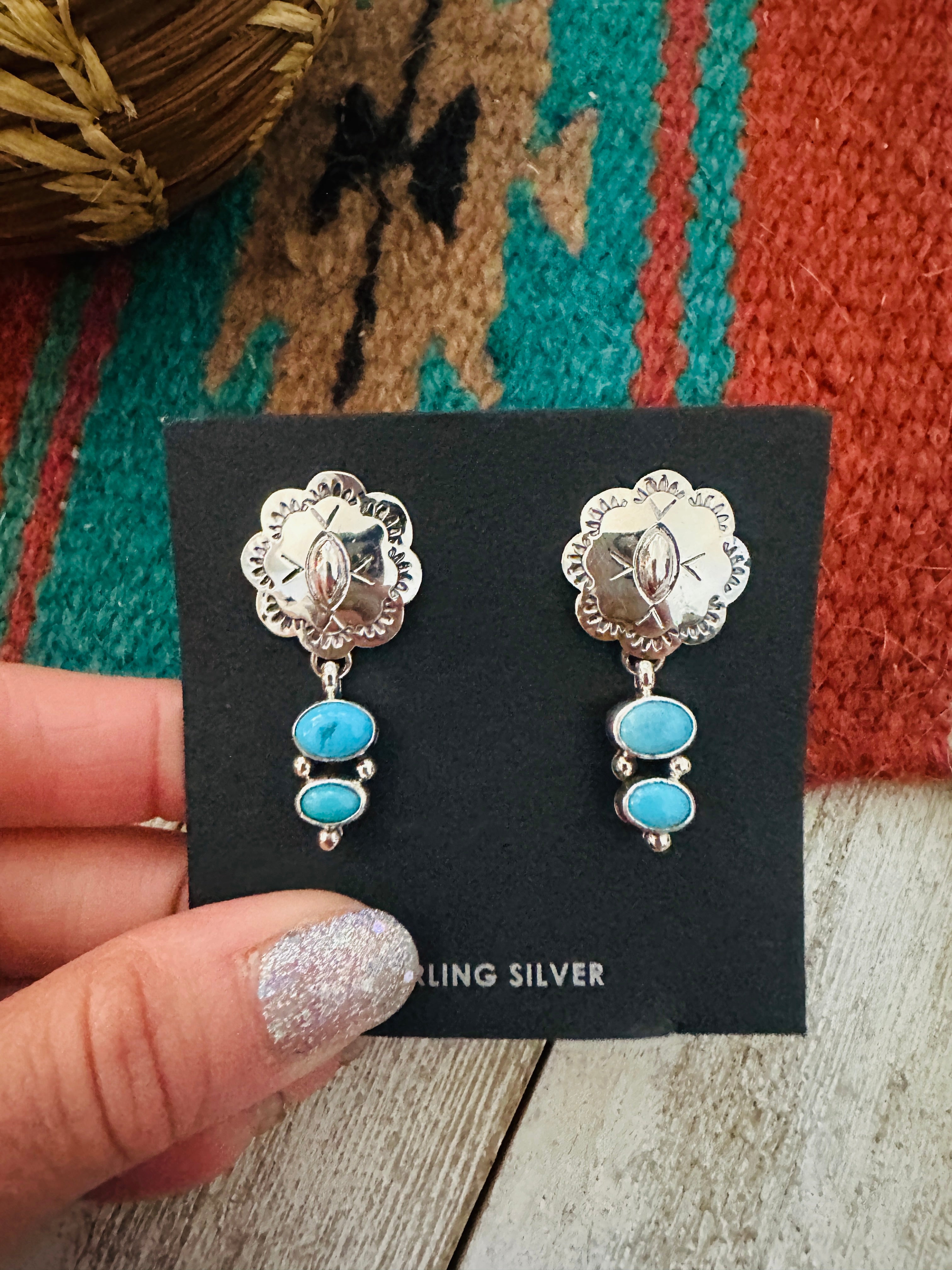 Navajo Sterling Silver & Turquoise Concho Dangle Earrings