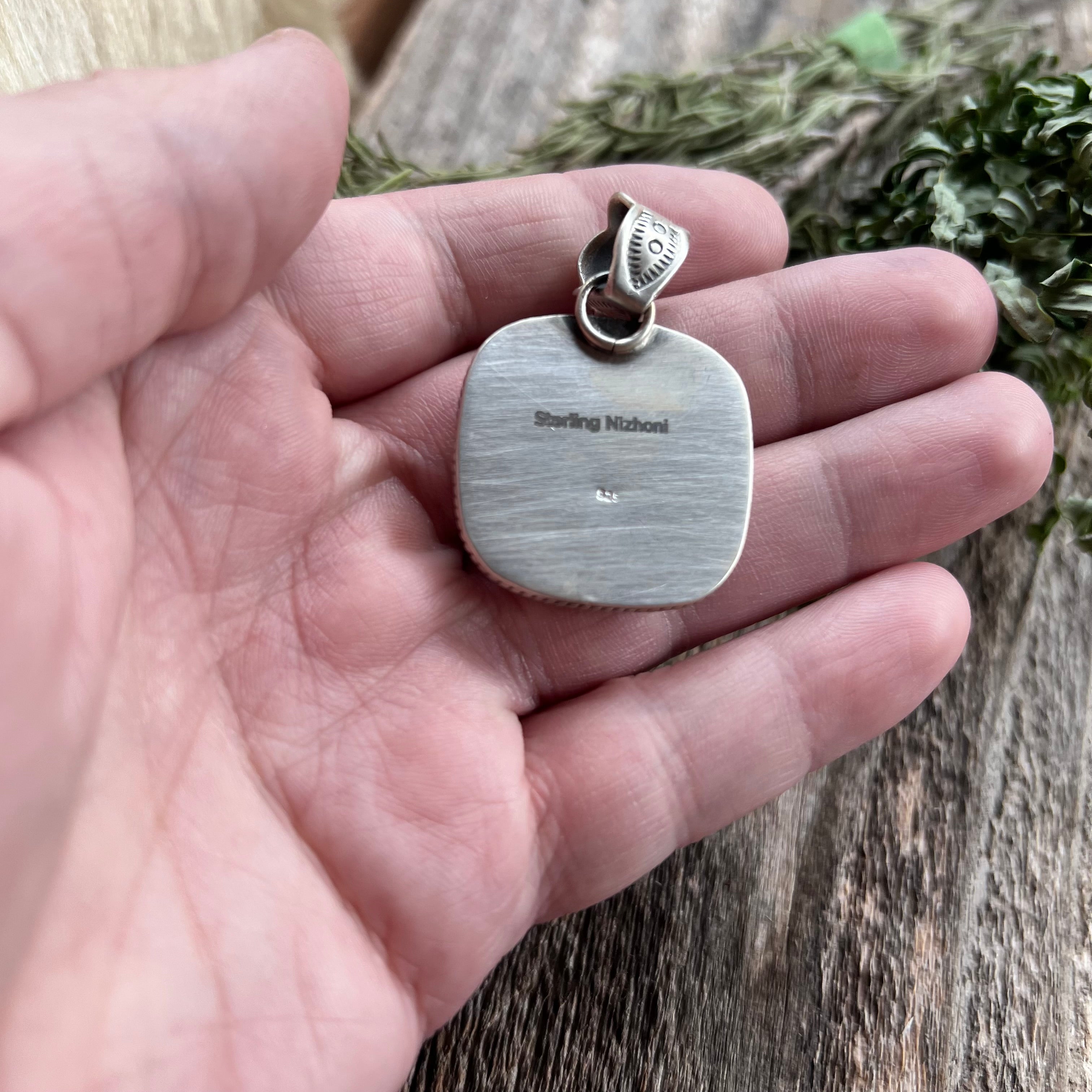 Handmade Green Turquoise Square Sterling Silver Pendant