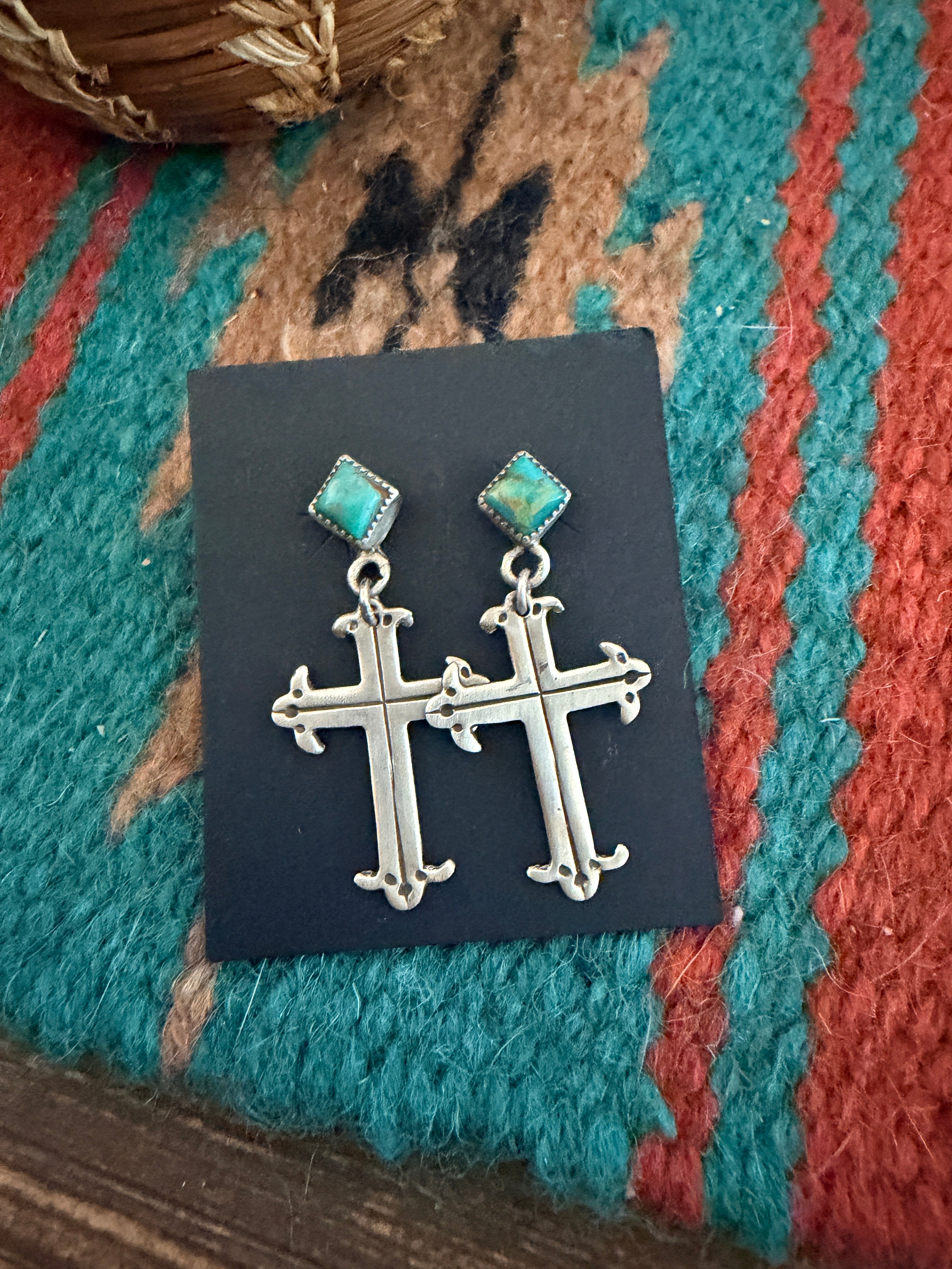 Handcrafted Turquoise & Sterling Silver Cross Dangle Earrings