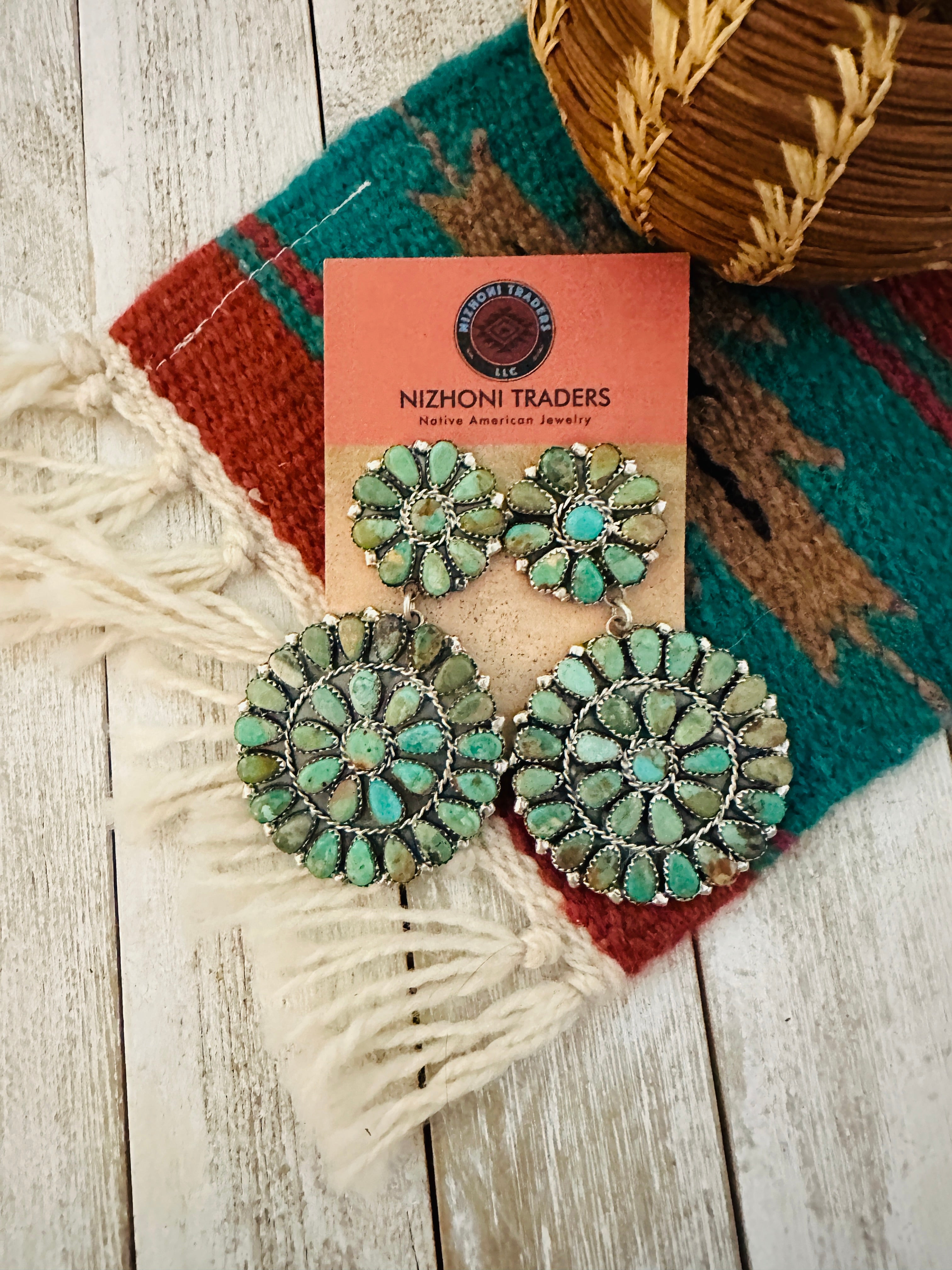 Handcrafted Royston Turquoise & Sterling Silver Cluster Dangle Earrings