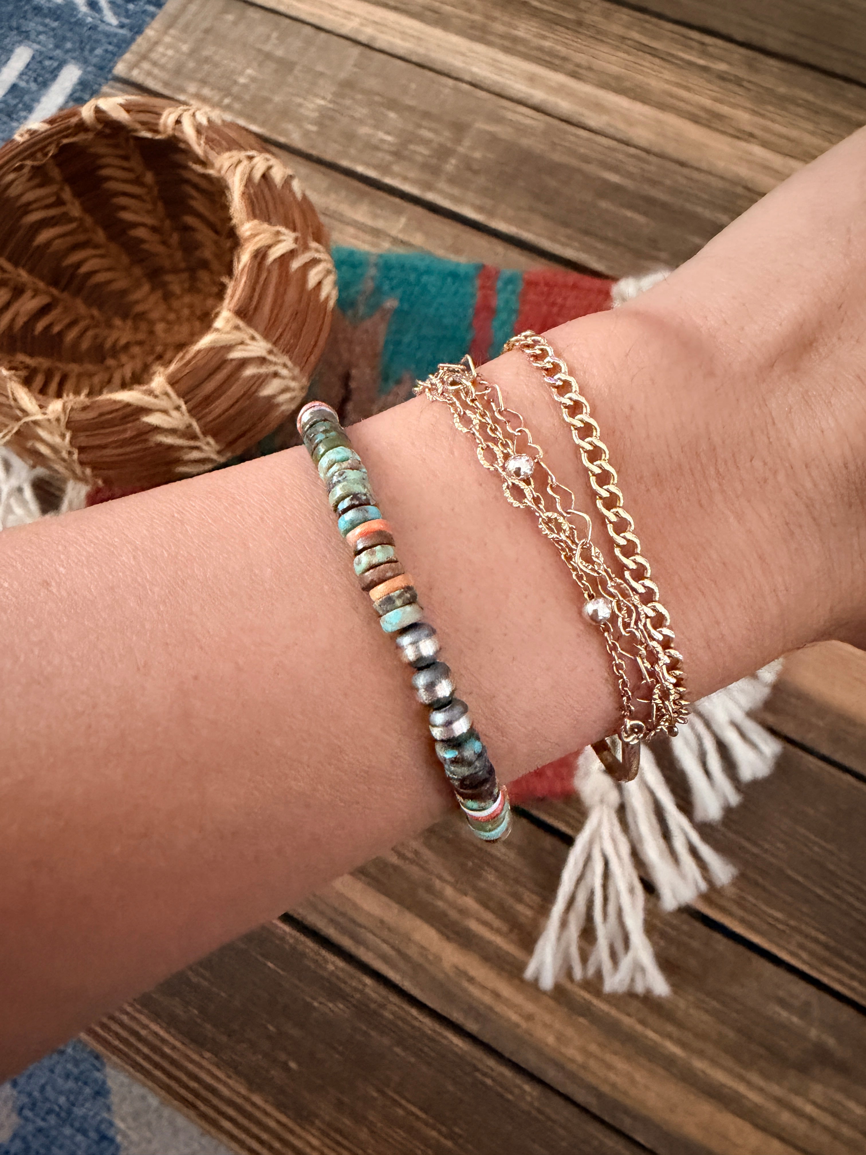 Handcrafted Turquoise, Spiny Oyster & Sterling Silver Pearl Beaded Bracelet