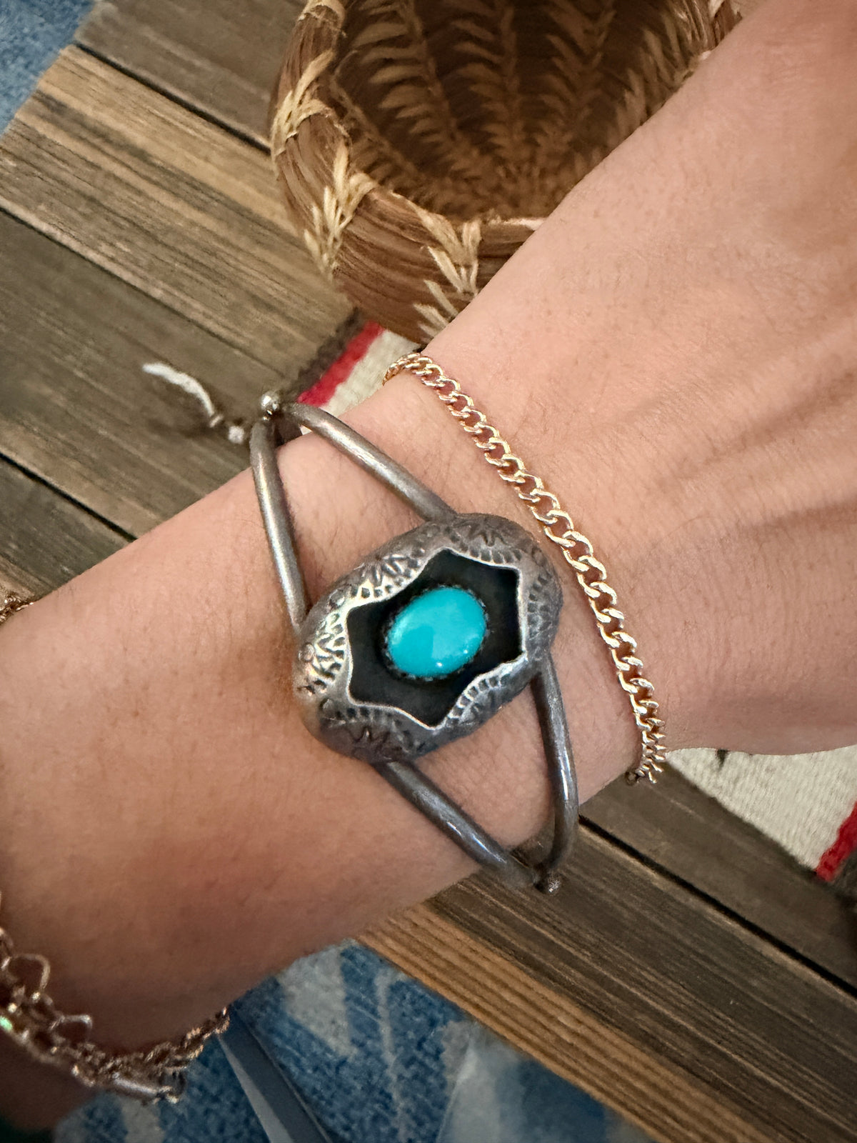 Handcrafted Old Pawn Sterling Silver & Turquoise Cuff Bracelet