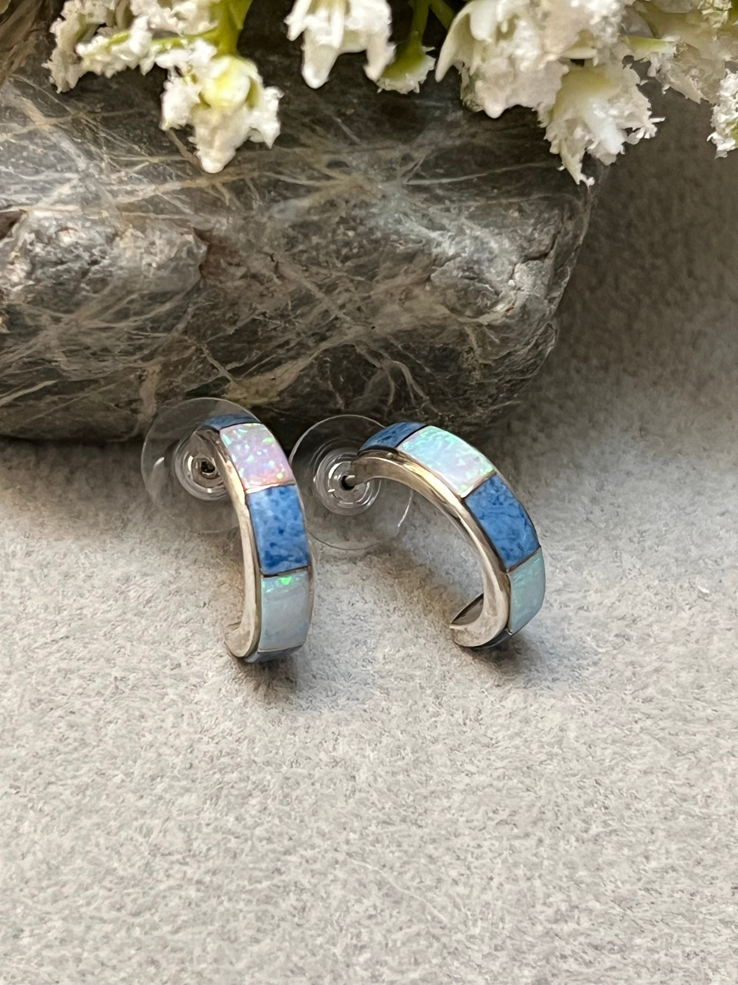 Handmade Sterling Silver With Blue, White, & Purple Opal Hoop Post Earrings