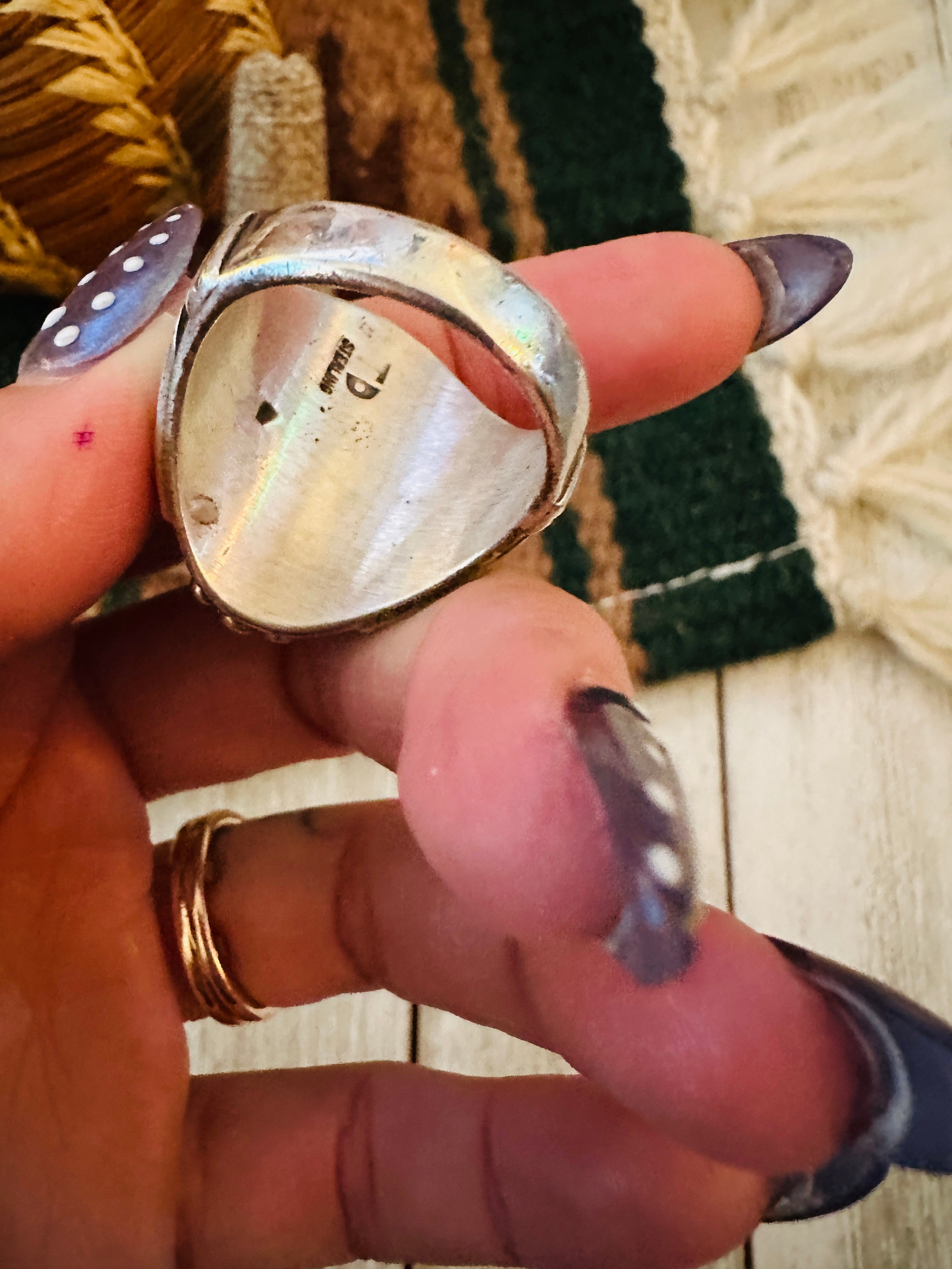 Old Pawn Handcrafted Turquoise & Sterling Silver Ring Size 10.5