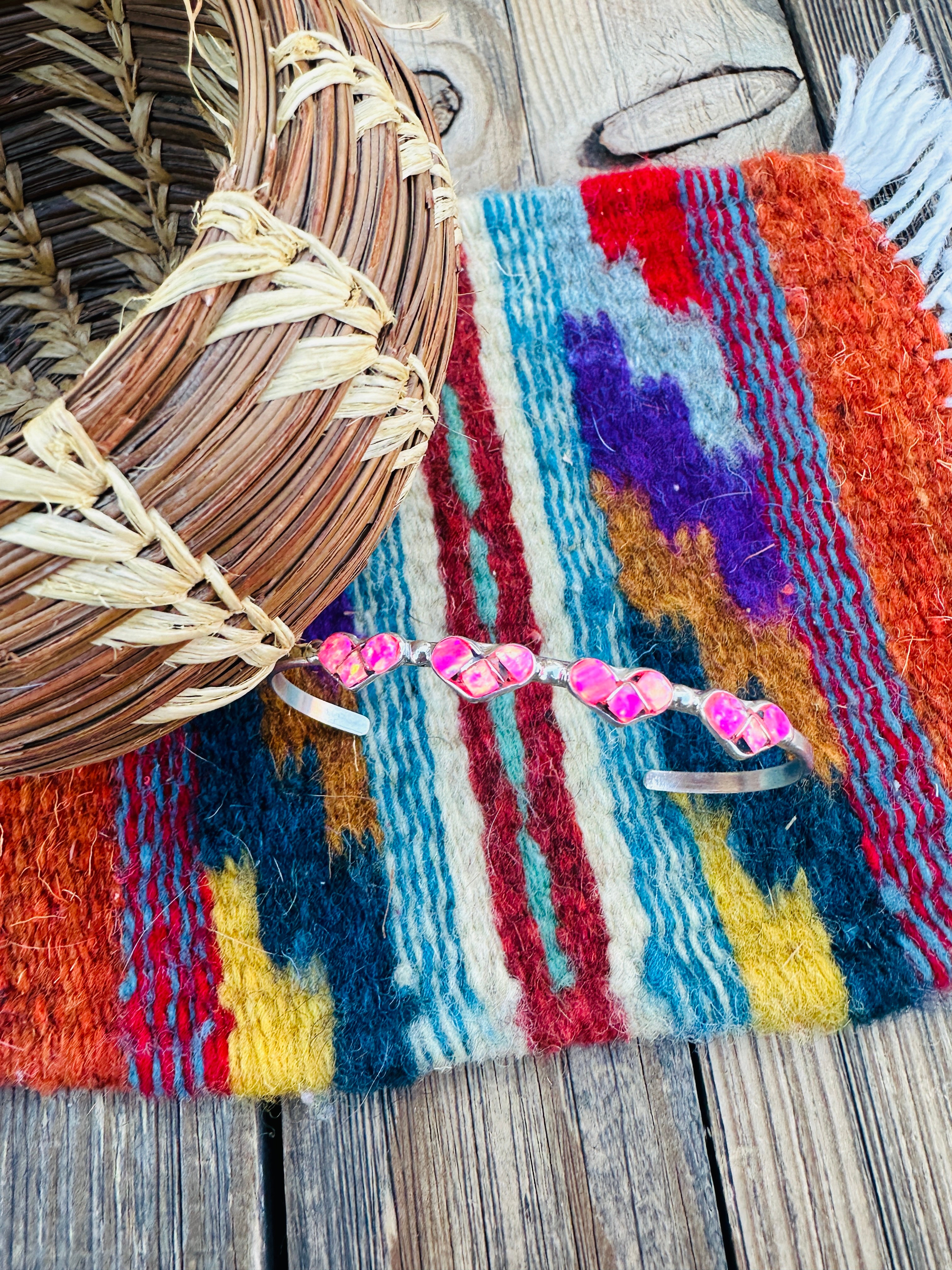 Handcrafted Sterling Silver & Pink Opal Heart Inlay Cuff Bracelet