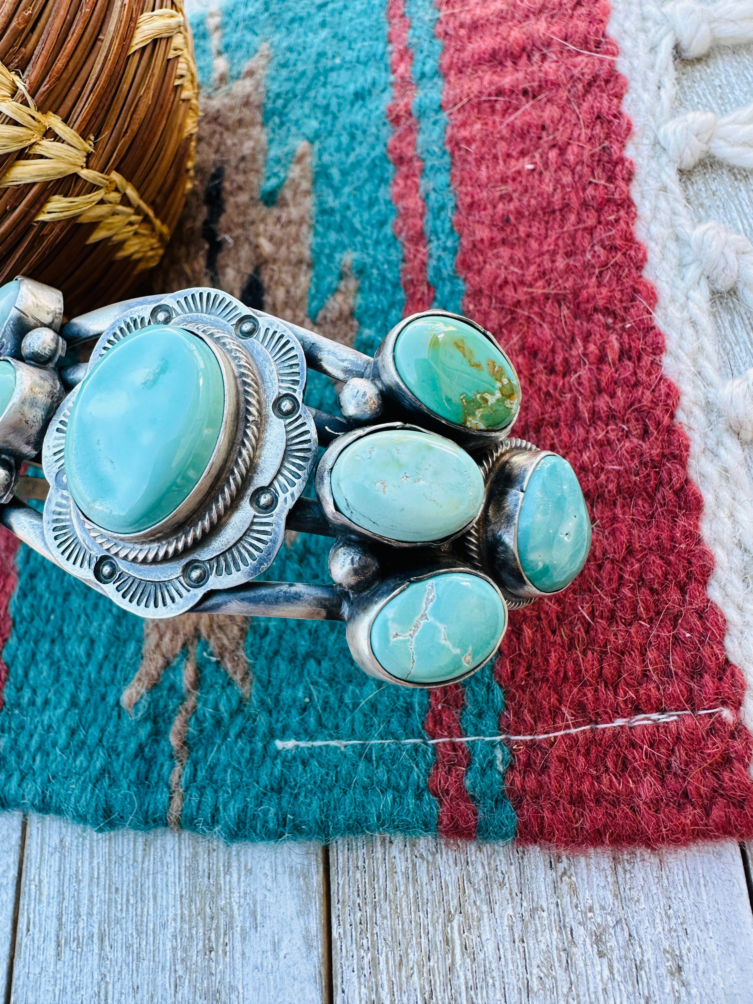 Handcrafted Sterling Silver & Carico Lake Turquoise Cluster Cuff Bracelet by Bobby Johnson