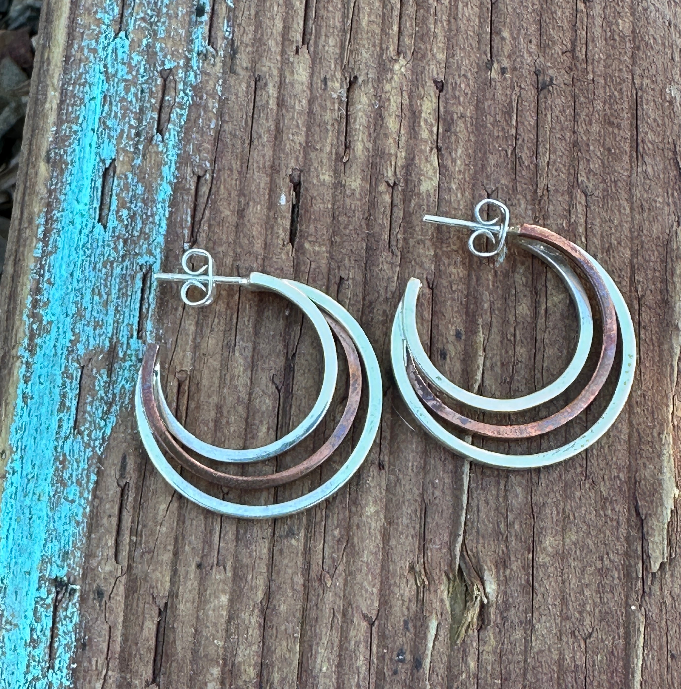 Triple Strand Sterling Silver & Copper Hoops