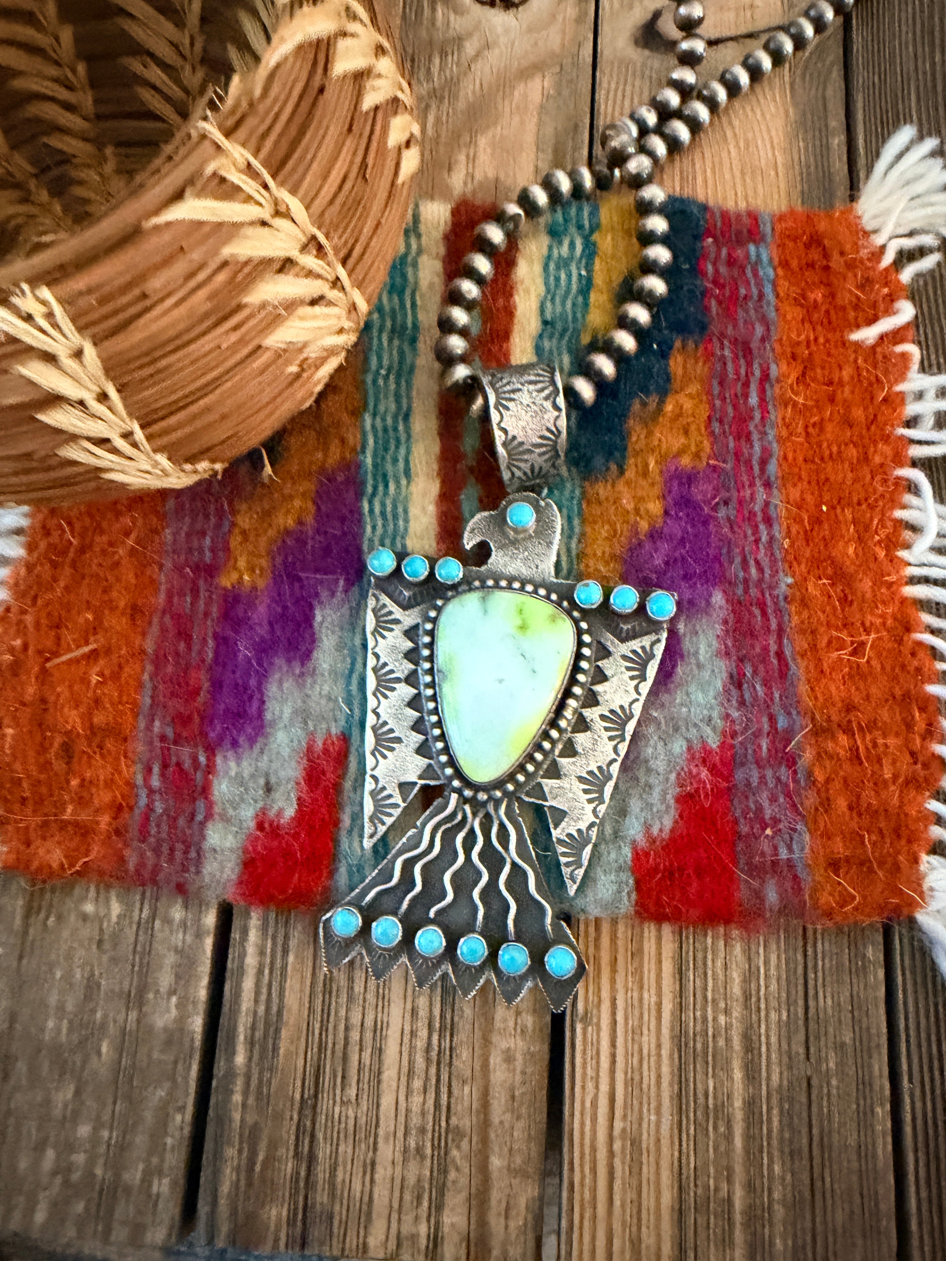 Handcrafted Sterling Silver & Turquoise Thunderbird Pendant by Shawn Cayatineto