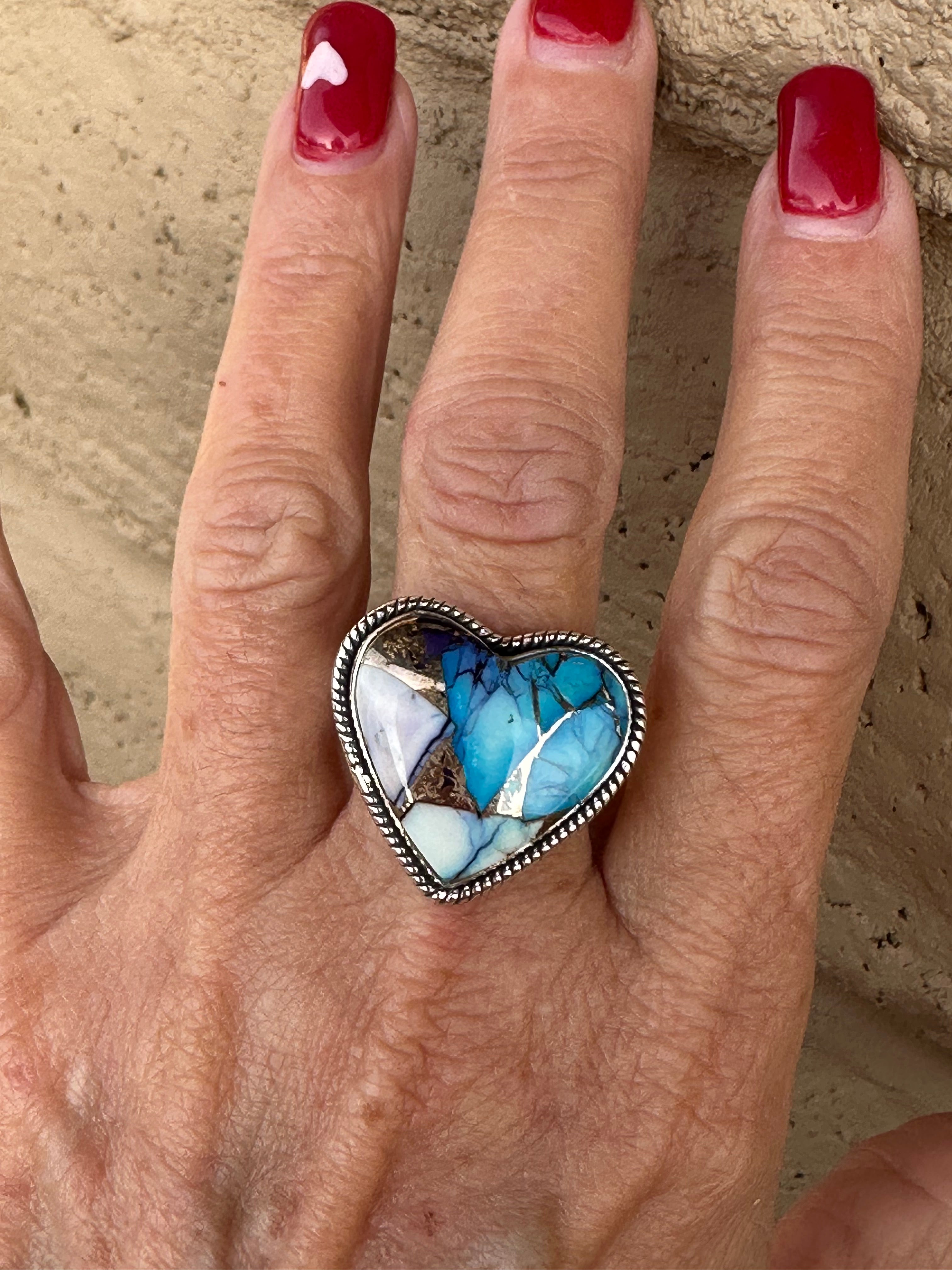 Beautiful Handmade Purple Kingman Dahlia Heart Sterling Silver Adjustable Ring