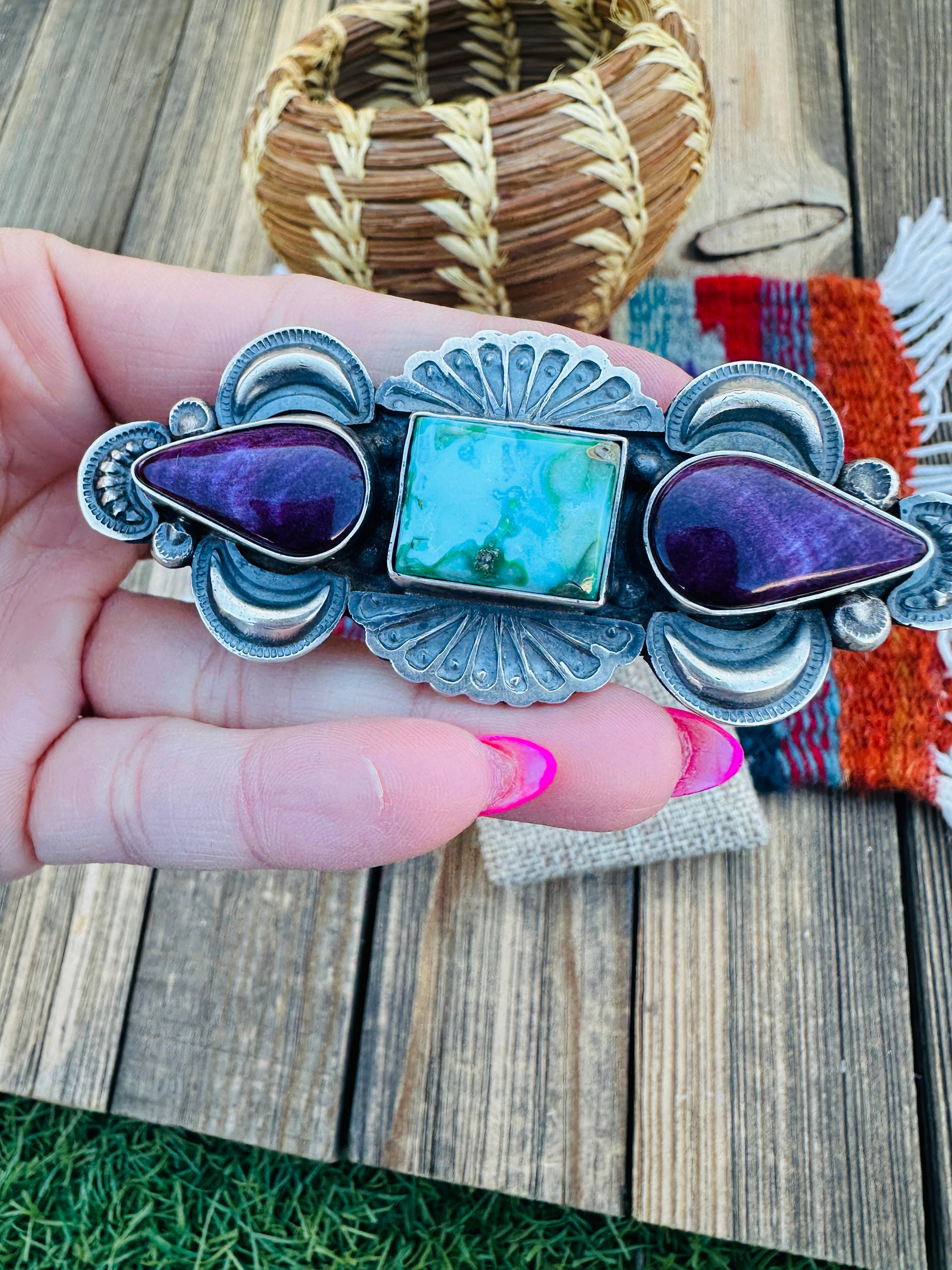 Handcrafted Turquoise, Spiny Oyster & Sterling Silver Adjustable Ring by Leon Martinez