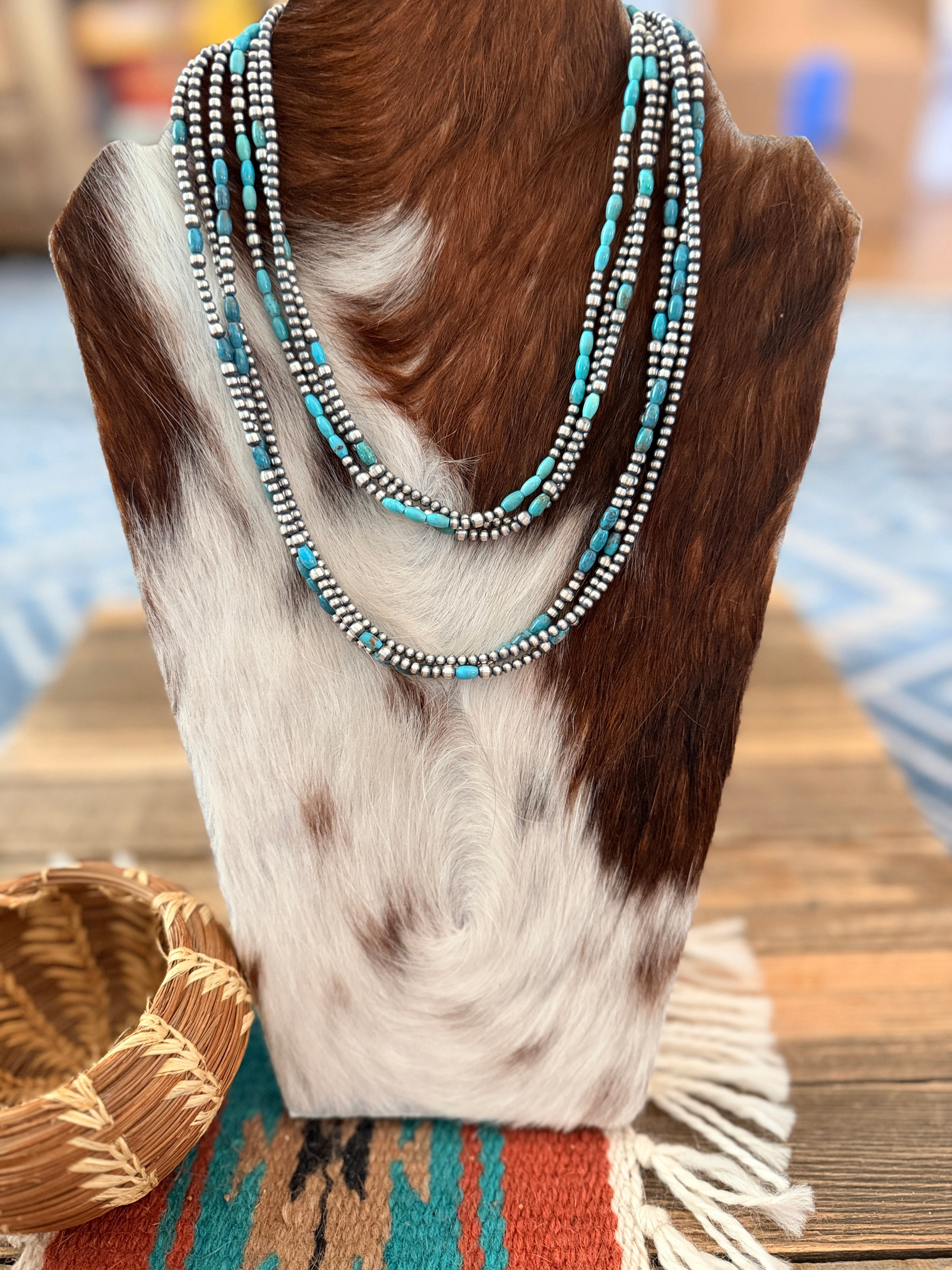 Handcrafted Turquoise & Sterling Silver Pearl Triple-Strand Beaded Necklace