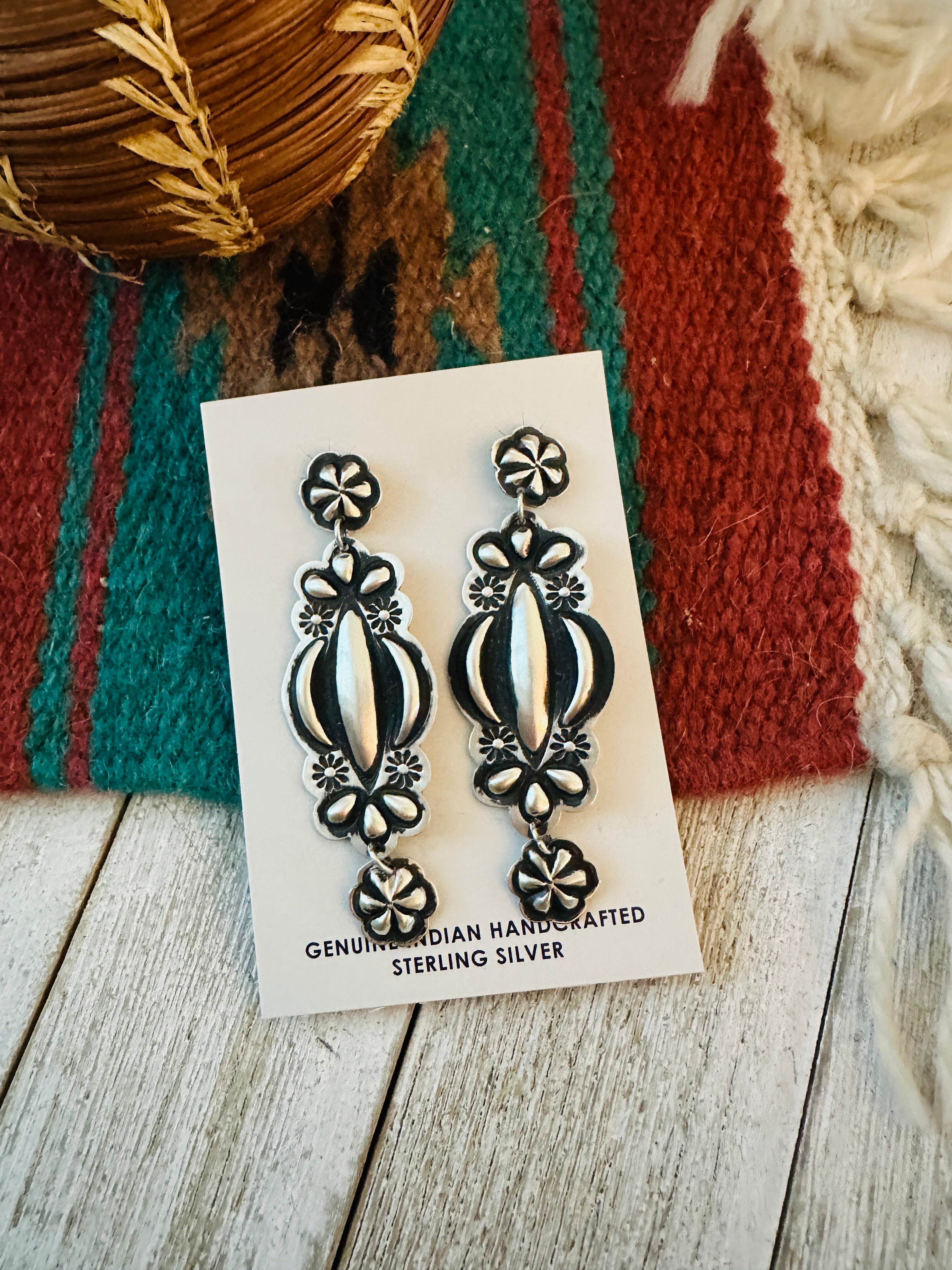 Navajo Hand Stamped Sterling Silver Concho Dangle Earrings by Leander Tahe