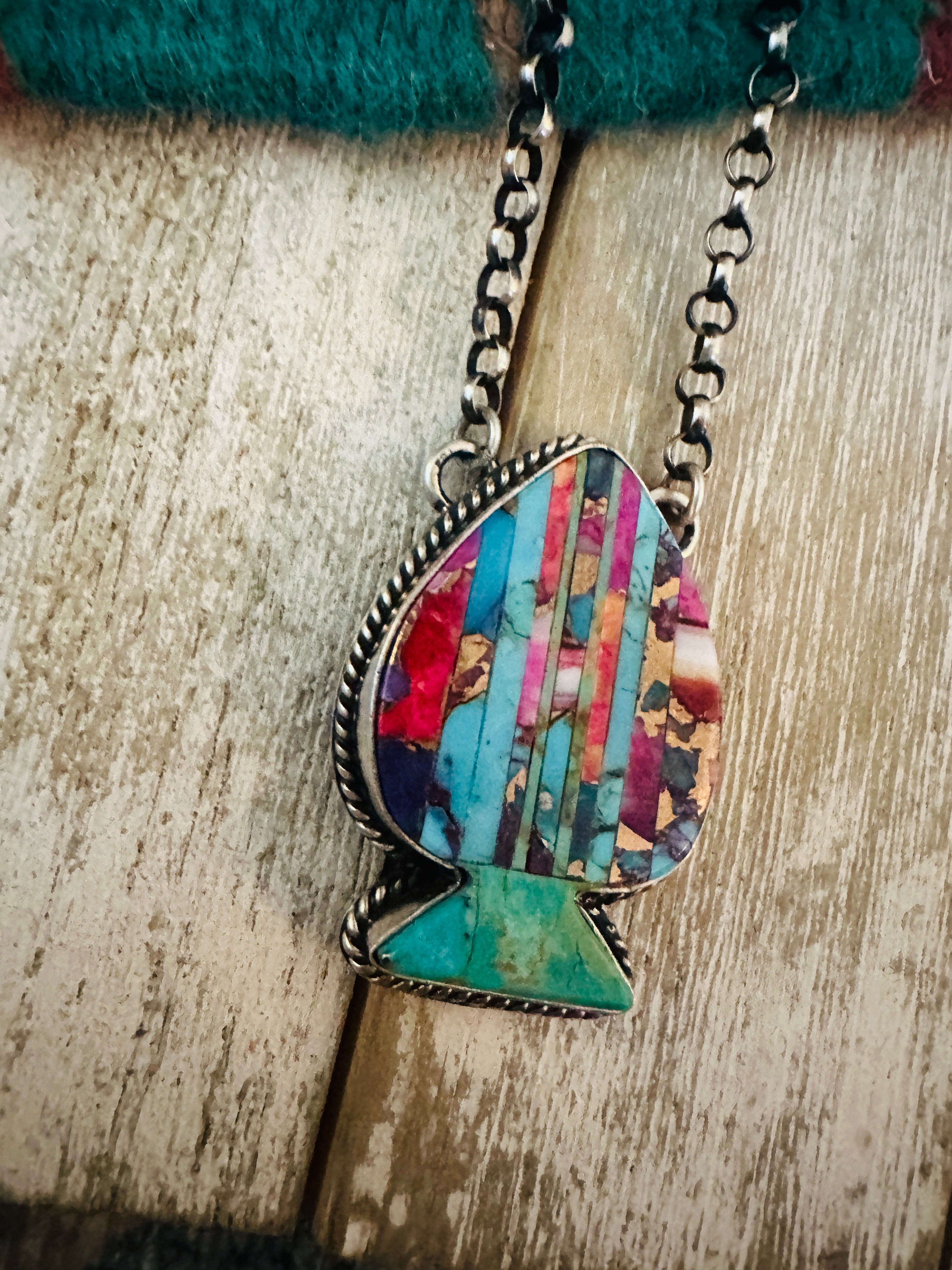 Navajo Sterling Silver & Multi Stone Inlay Spade Necklace