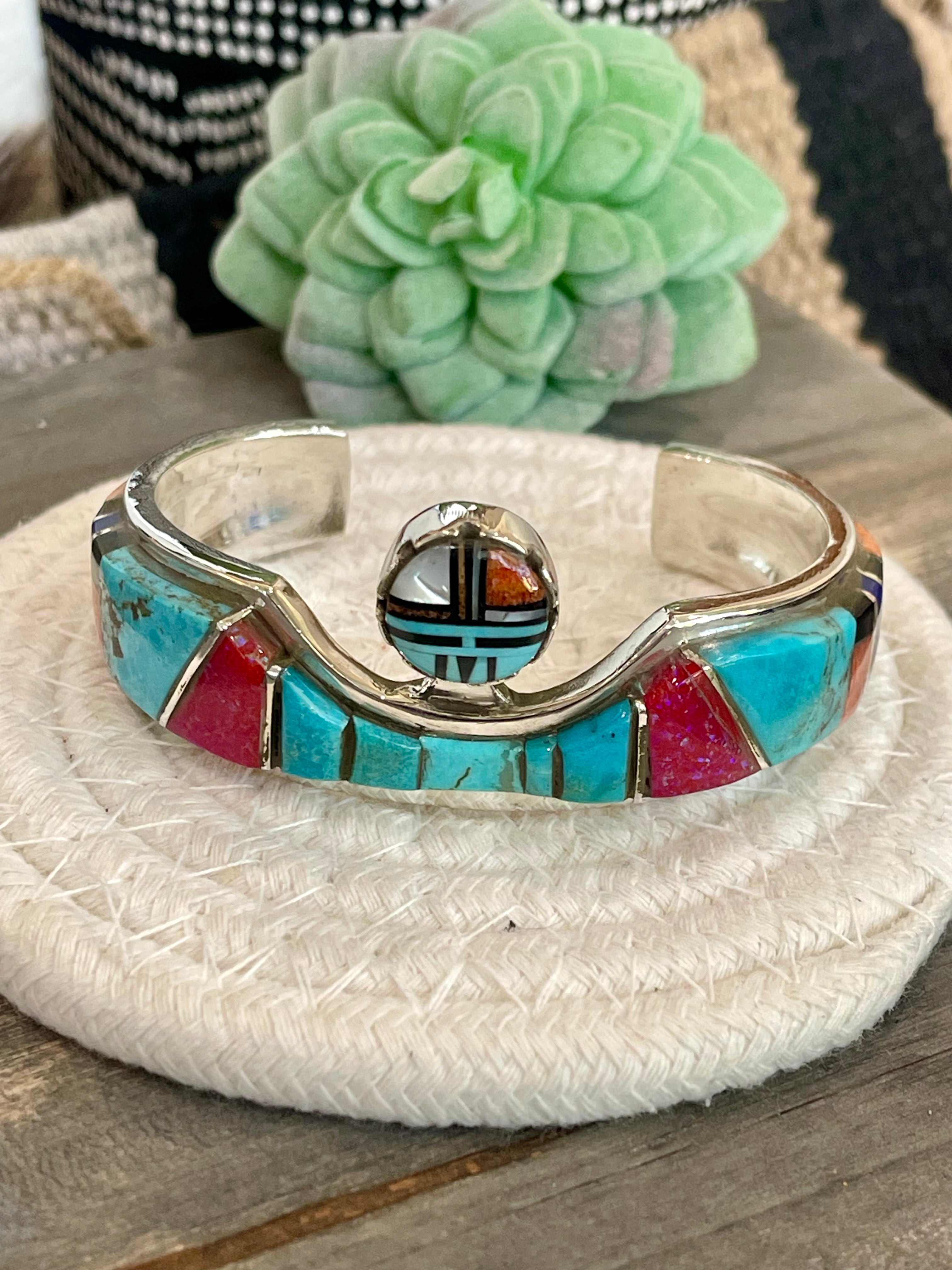 Handmade Sterling Silver Multi Stone Inlay Cuff