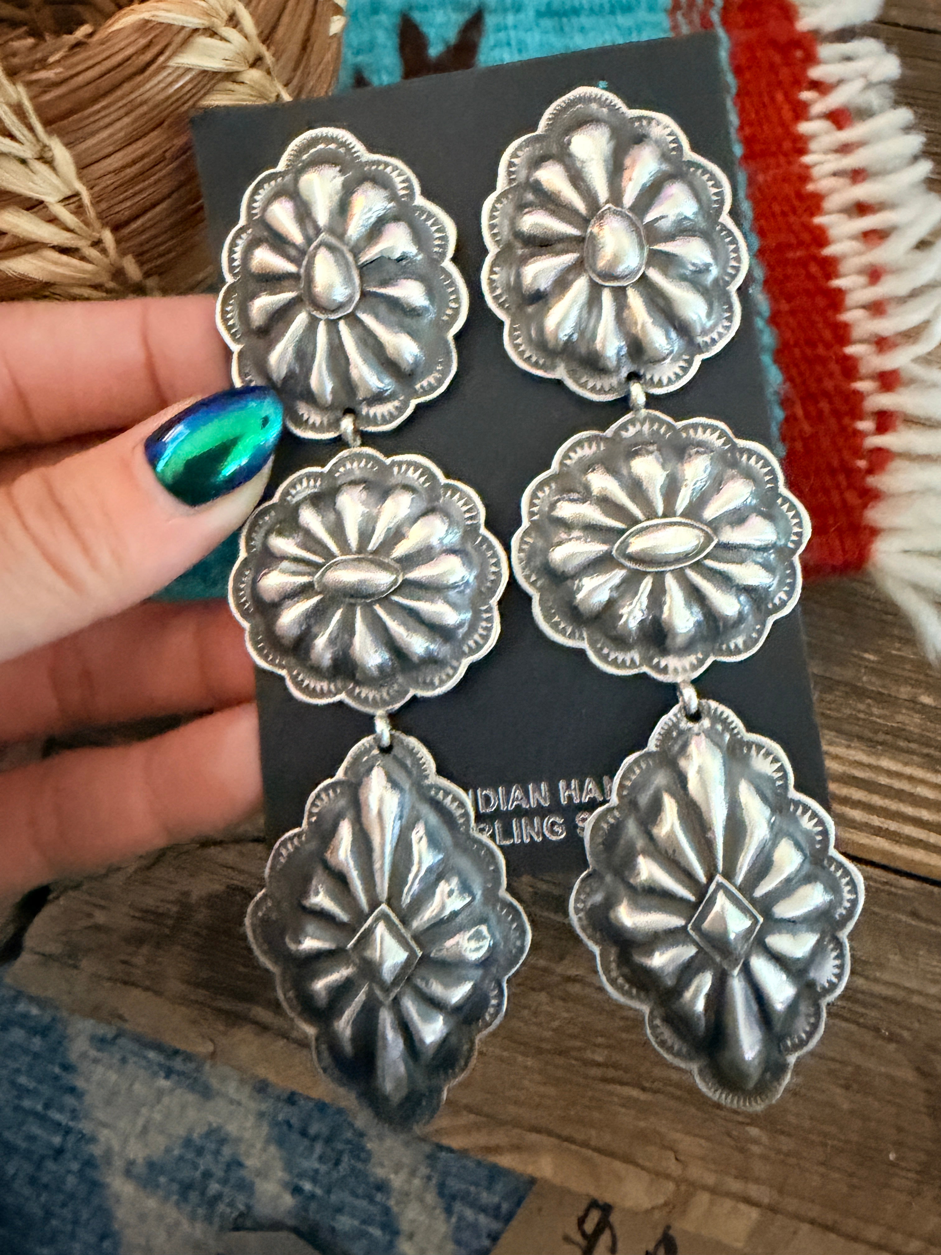 Handcrafted Sterling Silver Concho Dangle Earrings by Rita Lee