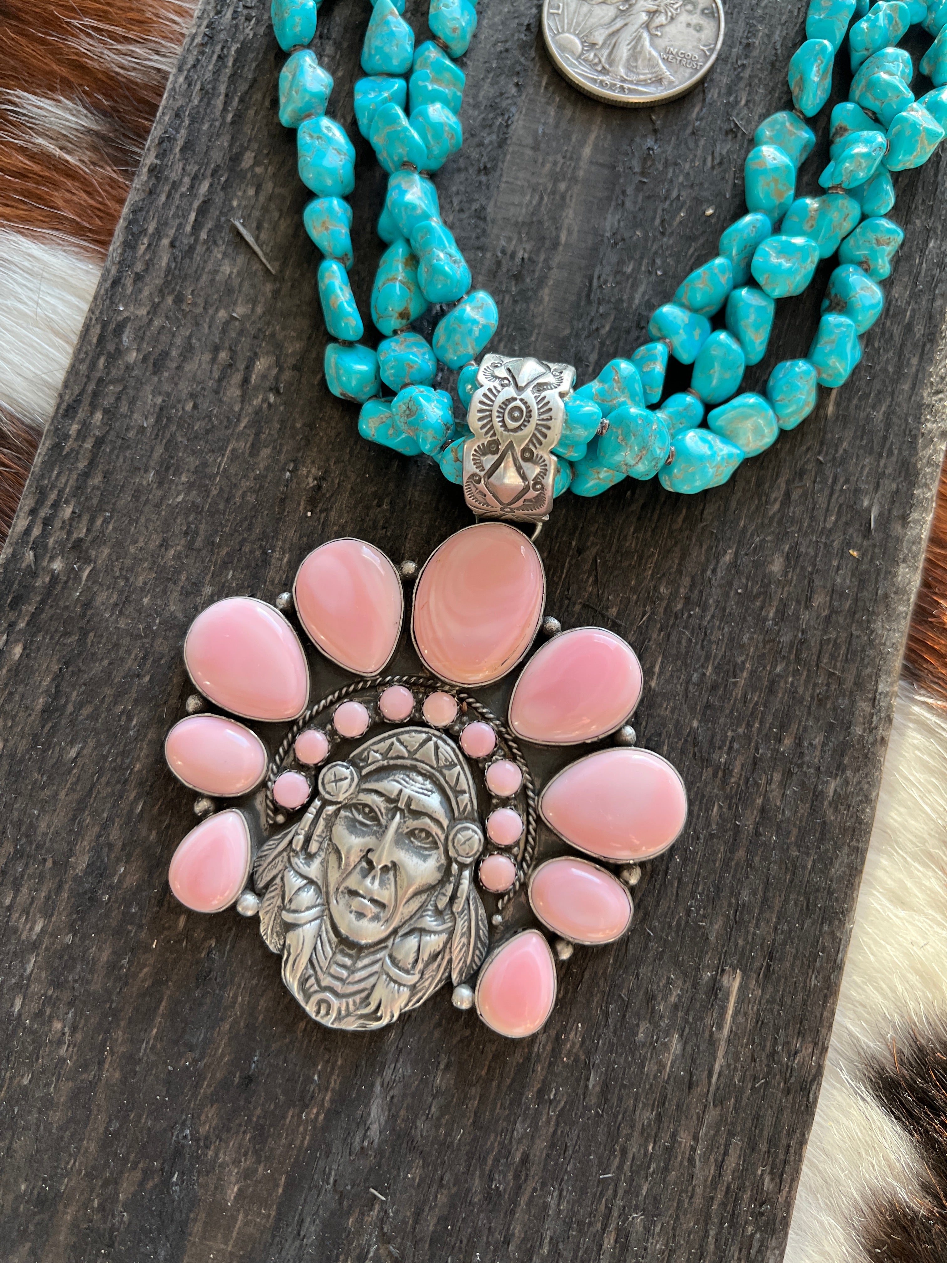 Handcrafted Sterling Silver Pink Conch Chief and Triple Strand Turquoise Nugget Bead Necklace by Patrick Yazzie