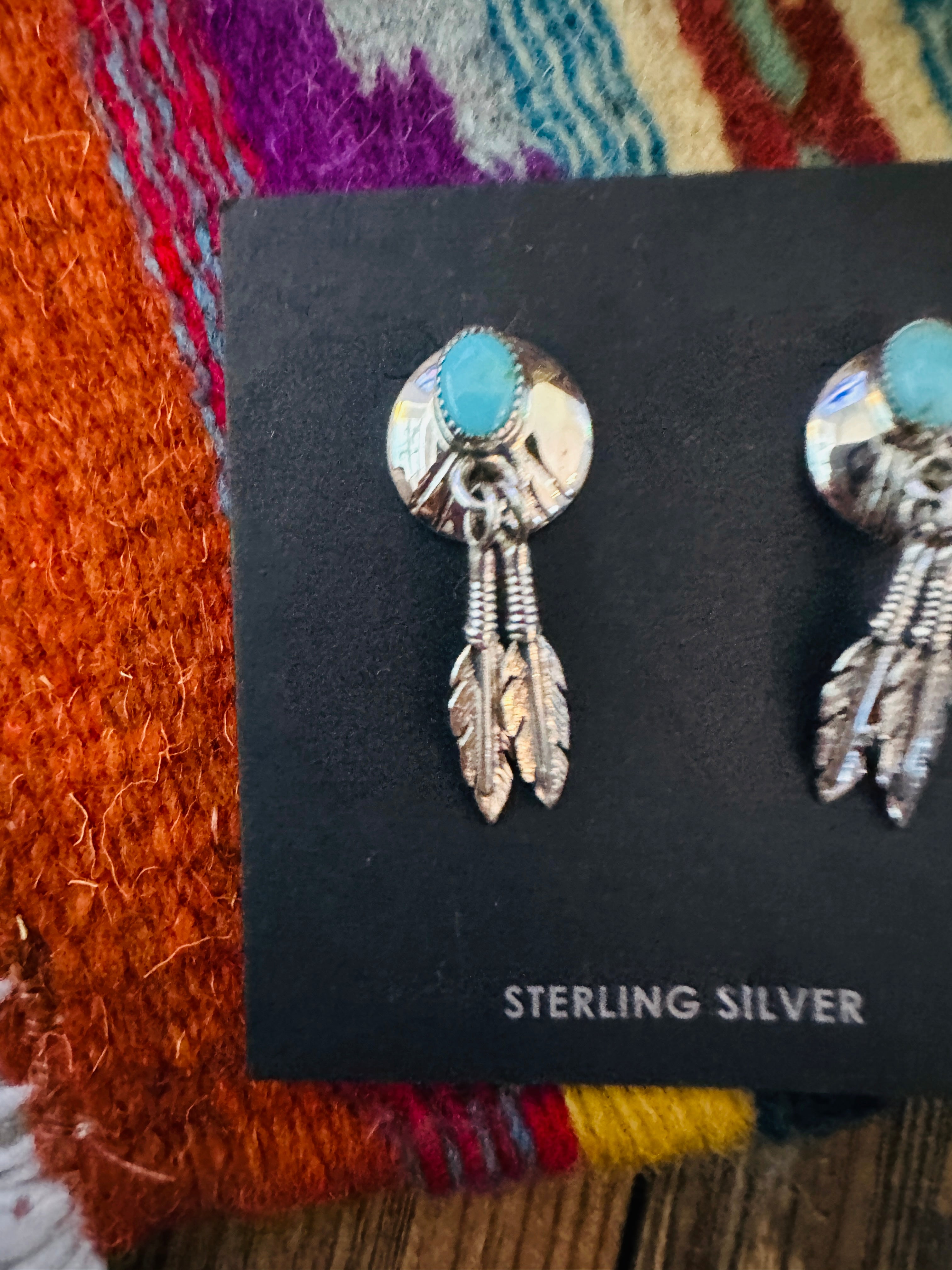 Handcrafted Turquoise & Sterling Silver Feather Dangle Earrings