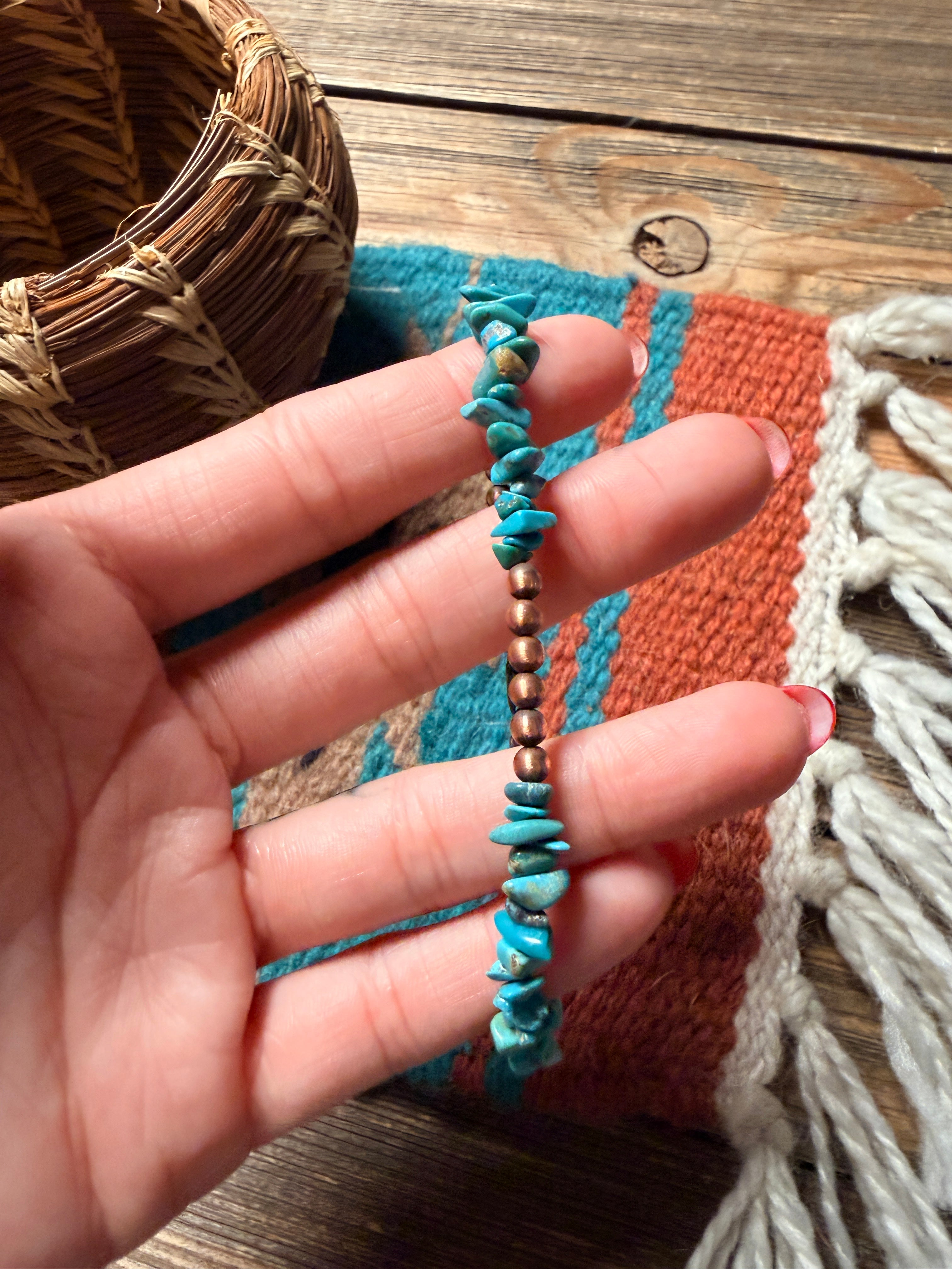 Handcrafted Turquoise & 4mm Copper Beaded Bracelet 7.5”