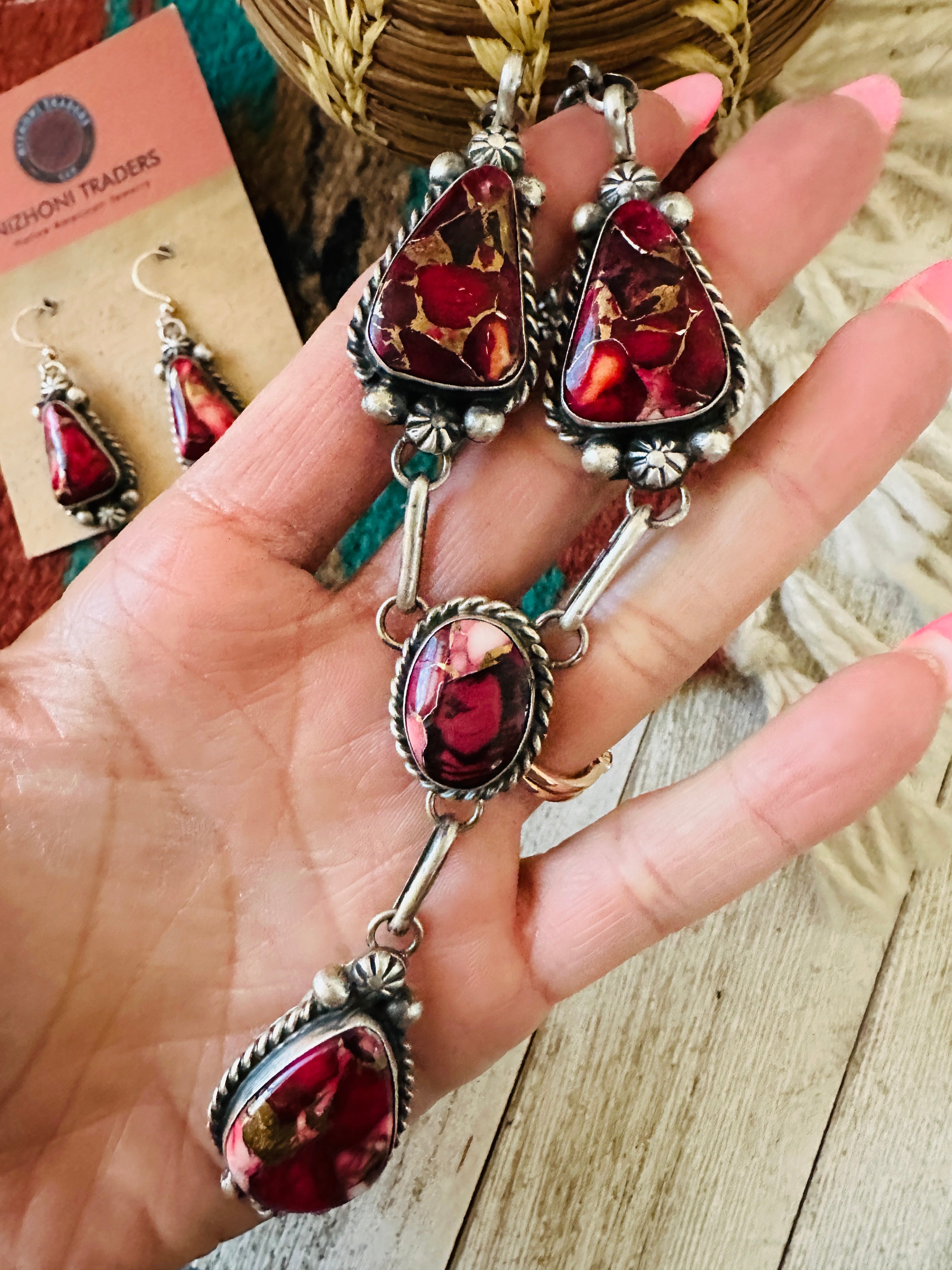 Handcrafted Sterling Silver & Rose Dahlia Lariat Necklace Set by Augustine Largo