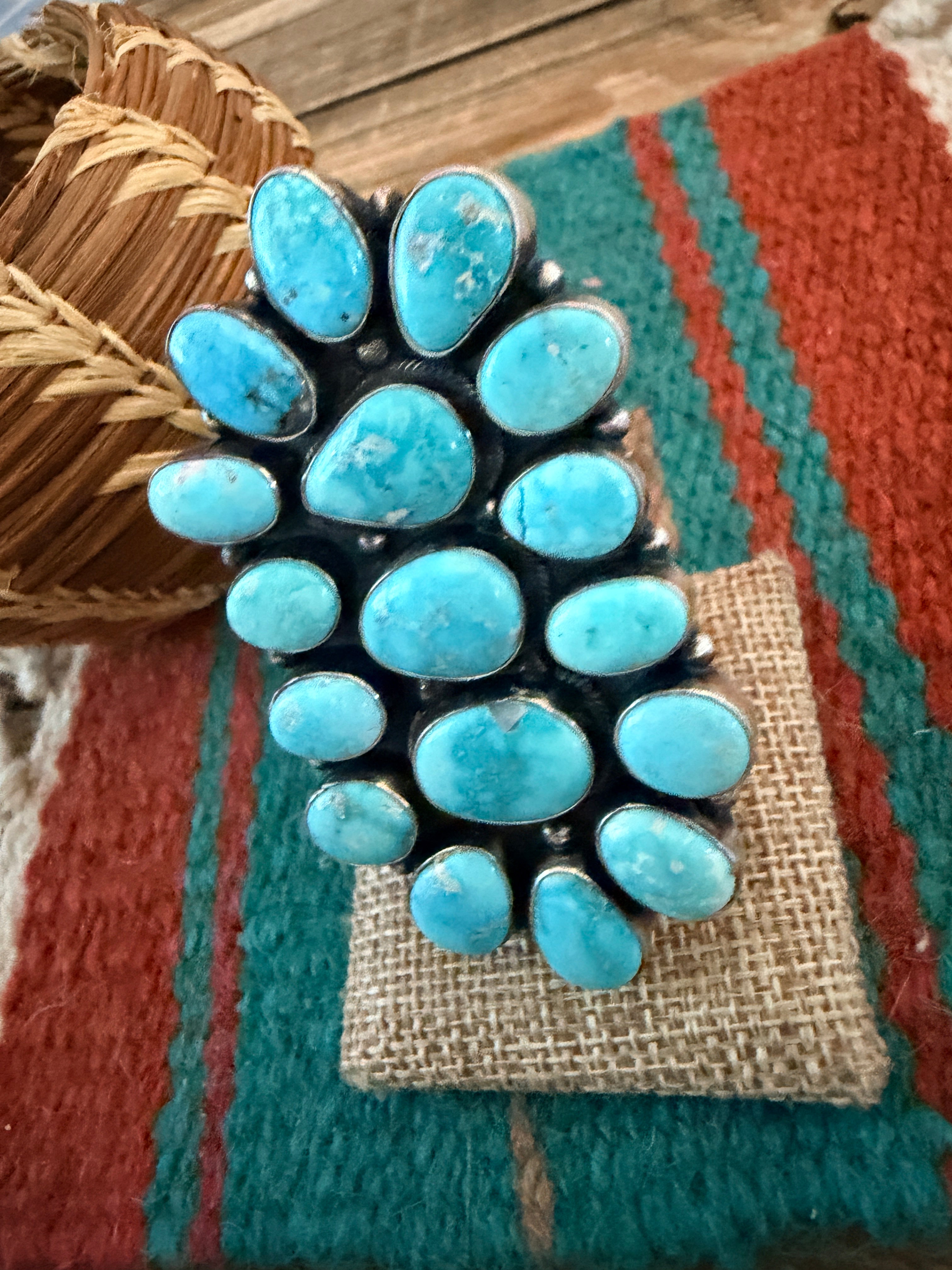 Handcrafted Kingman Turquoise & Sterling Silver Cluster Ring by Sheila Becenti