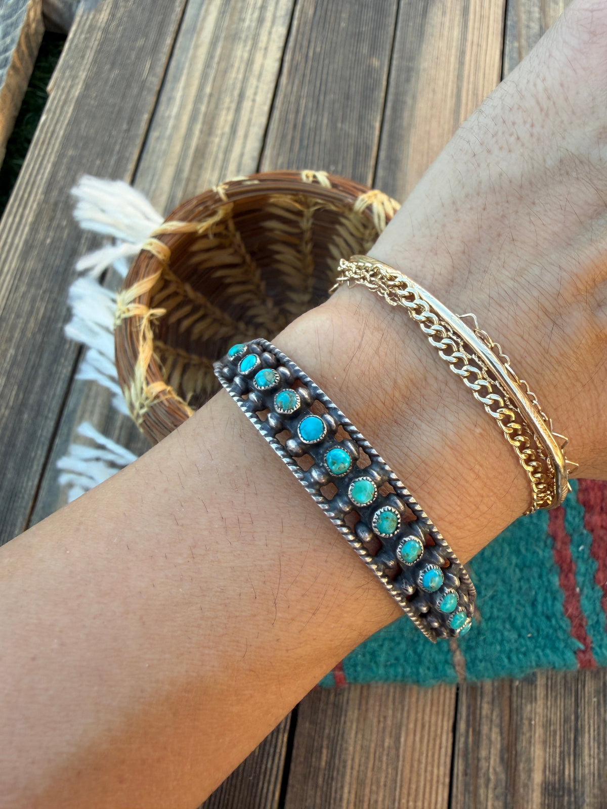Handcrafted Old Pawn Sterling Silver & Turquoise Cuff Bracelet
