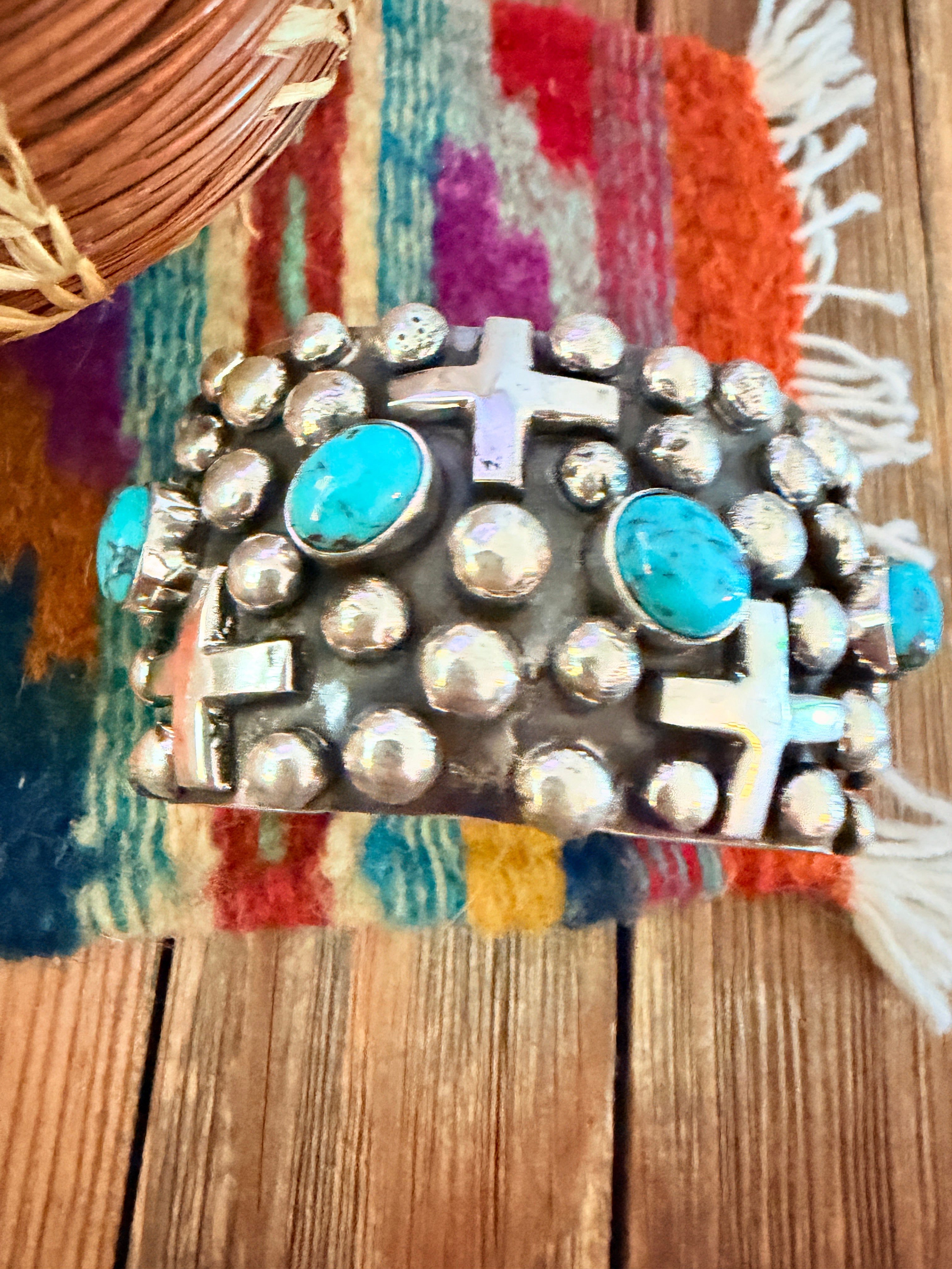 Handcrafted Turquoise & Sterling Silver Cross Cuff Bracelet By Chimney Butte