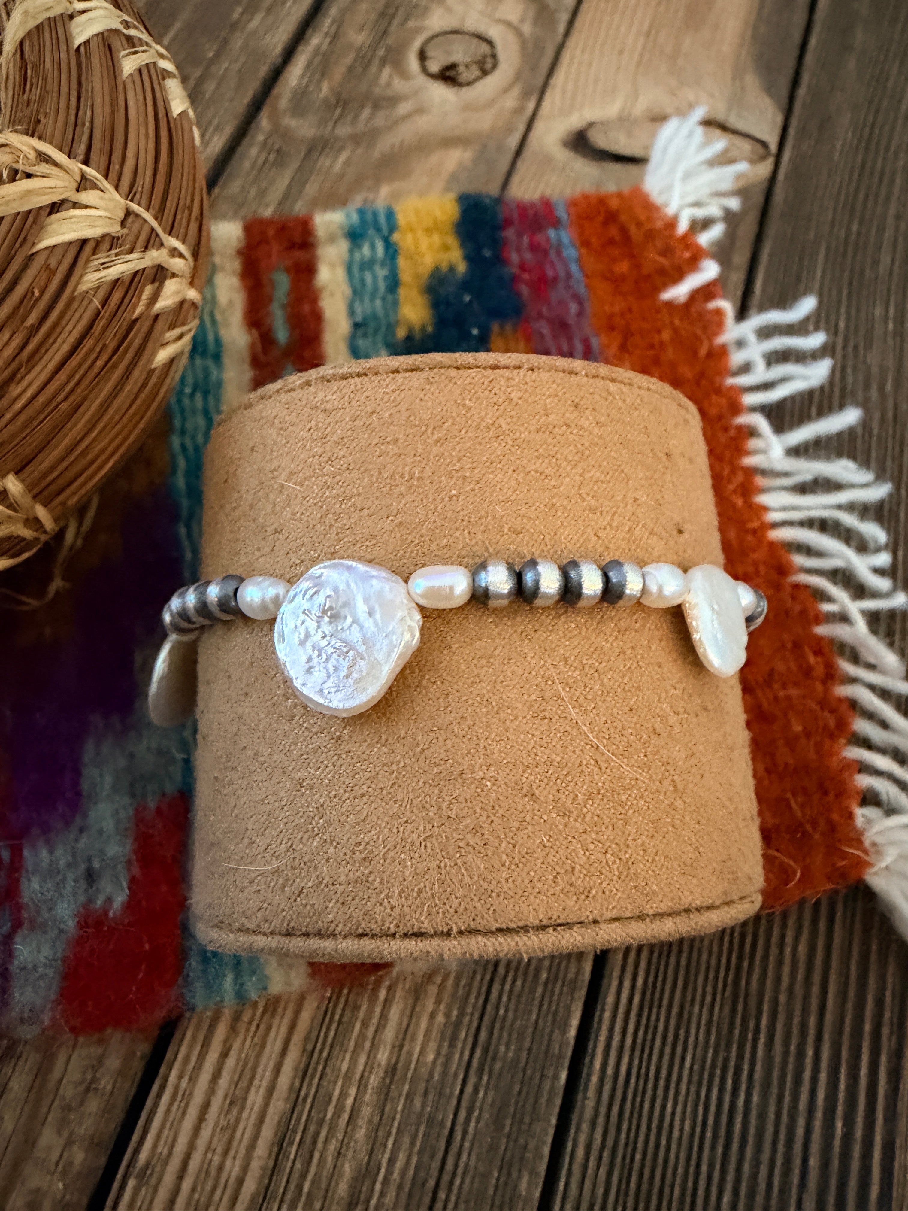 Handcrafted Mother of Pearl & Sterling Silver Pearl Beaded Stretch Bracelet