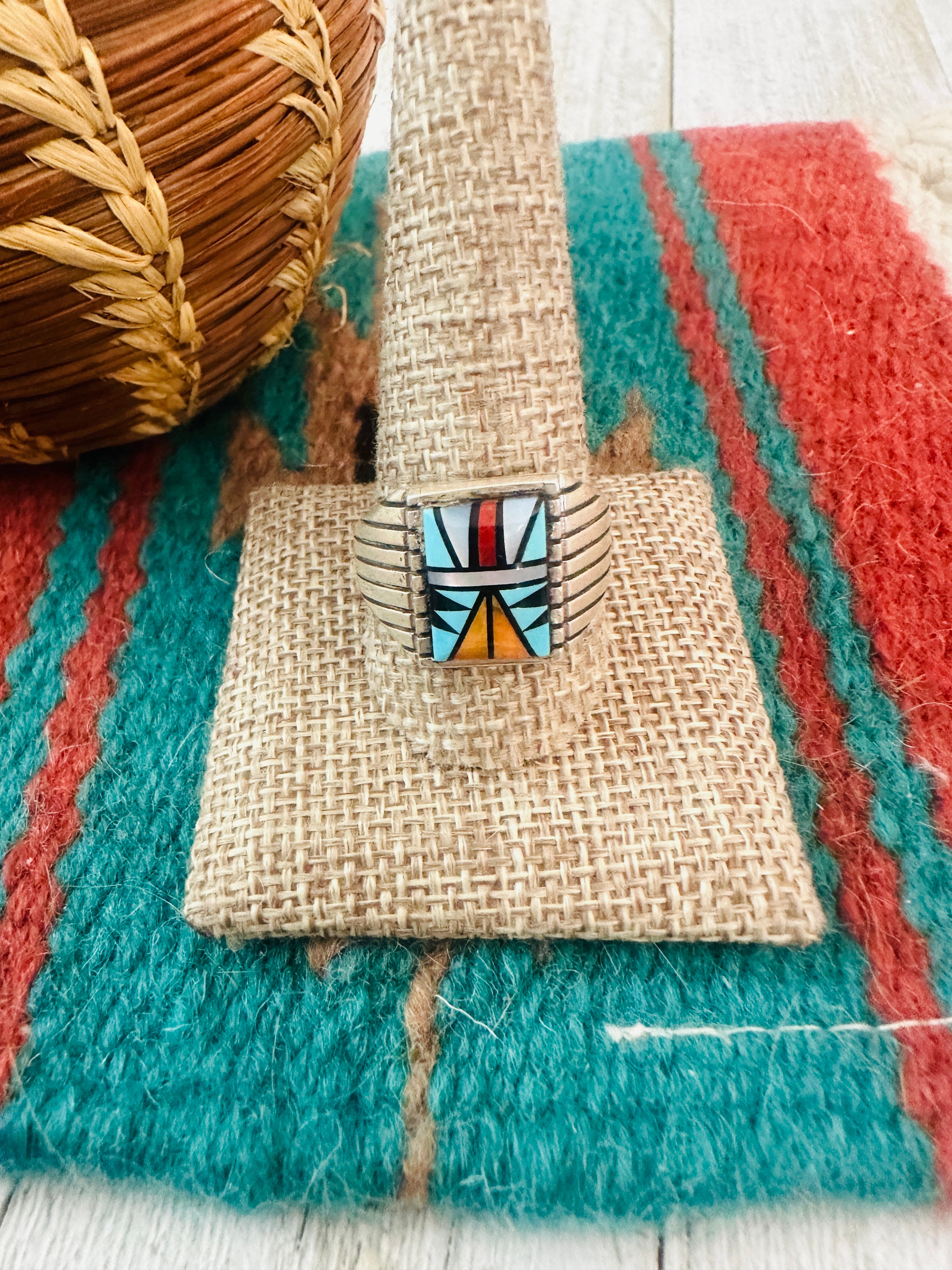 Handcrafted Old Pawn Sterling Silver & Multi Stone Inlay Ring Size 12