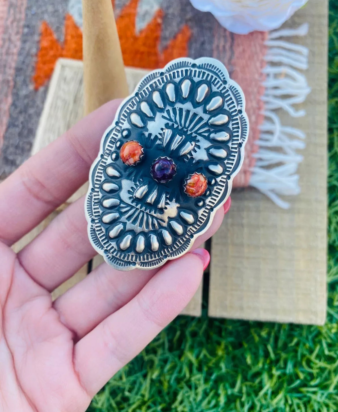 Handcrafted Spiny, Sterling Silver Adjustable Concho Ring by Leander Tahe