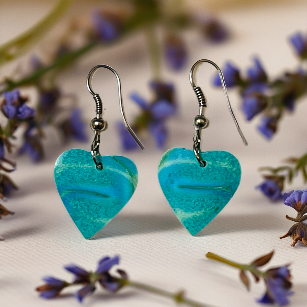 Handcrafted Turquoise Heart Slab Sterling Silver Earrings