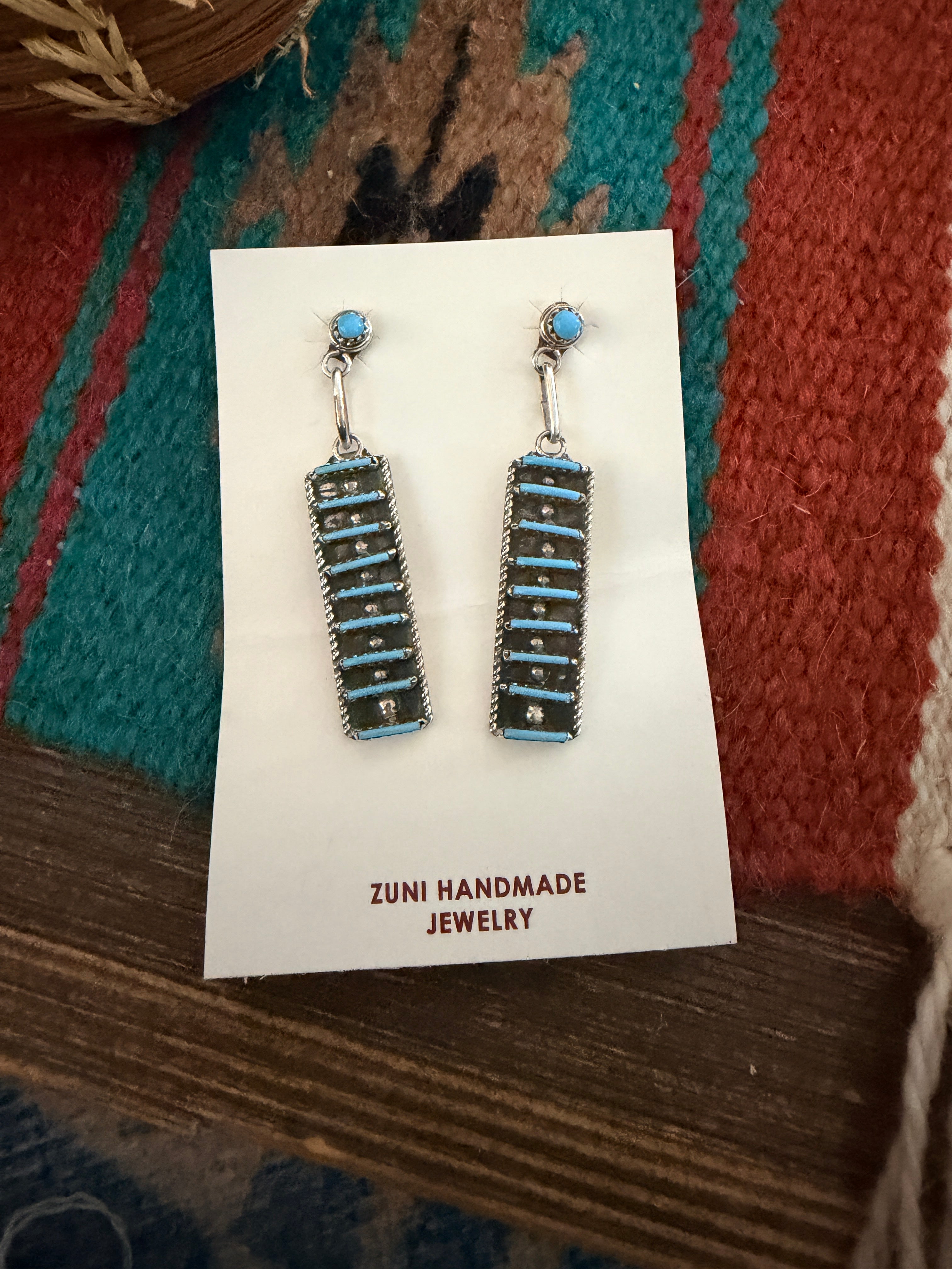 Handcrafted Turquoise & Sterling Silver Needlepoint Dangle Earrings