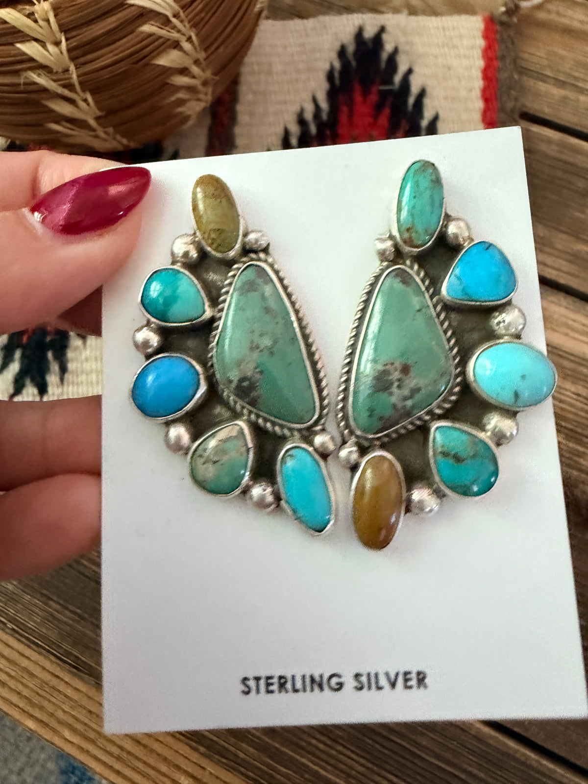 Handcrafted Turquoise & Sterling Silver Cluster Post Earrings by Geraldine James