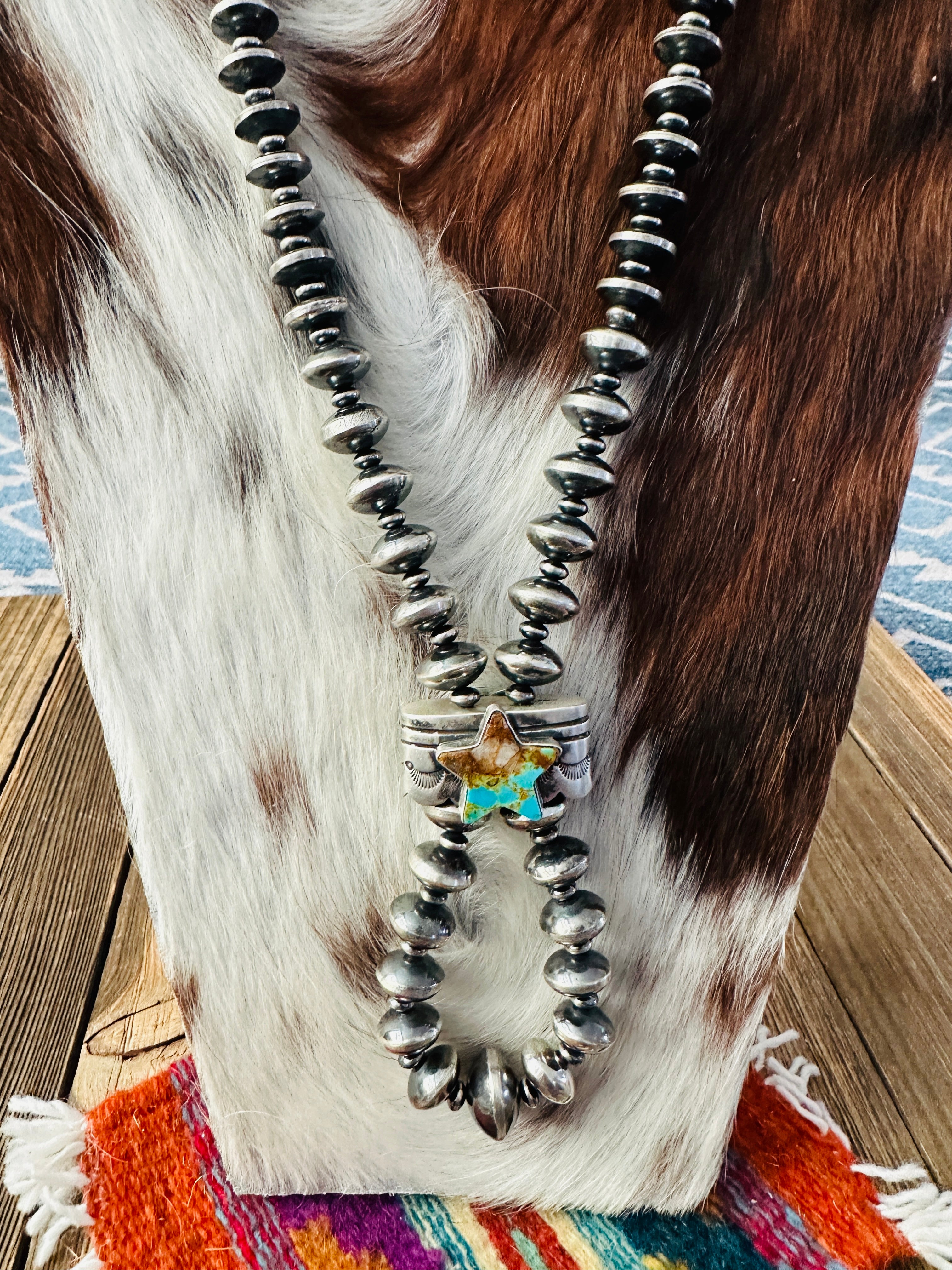 Handcrafted Turquoise & Sterling Silver Beaded Double Sided Jacla Necklace