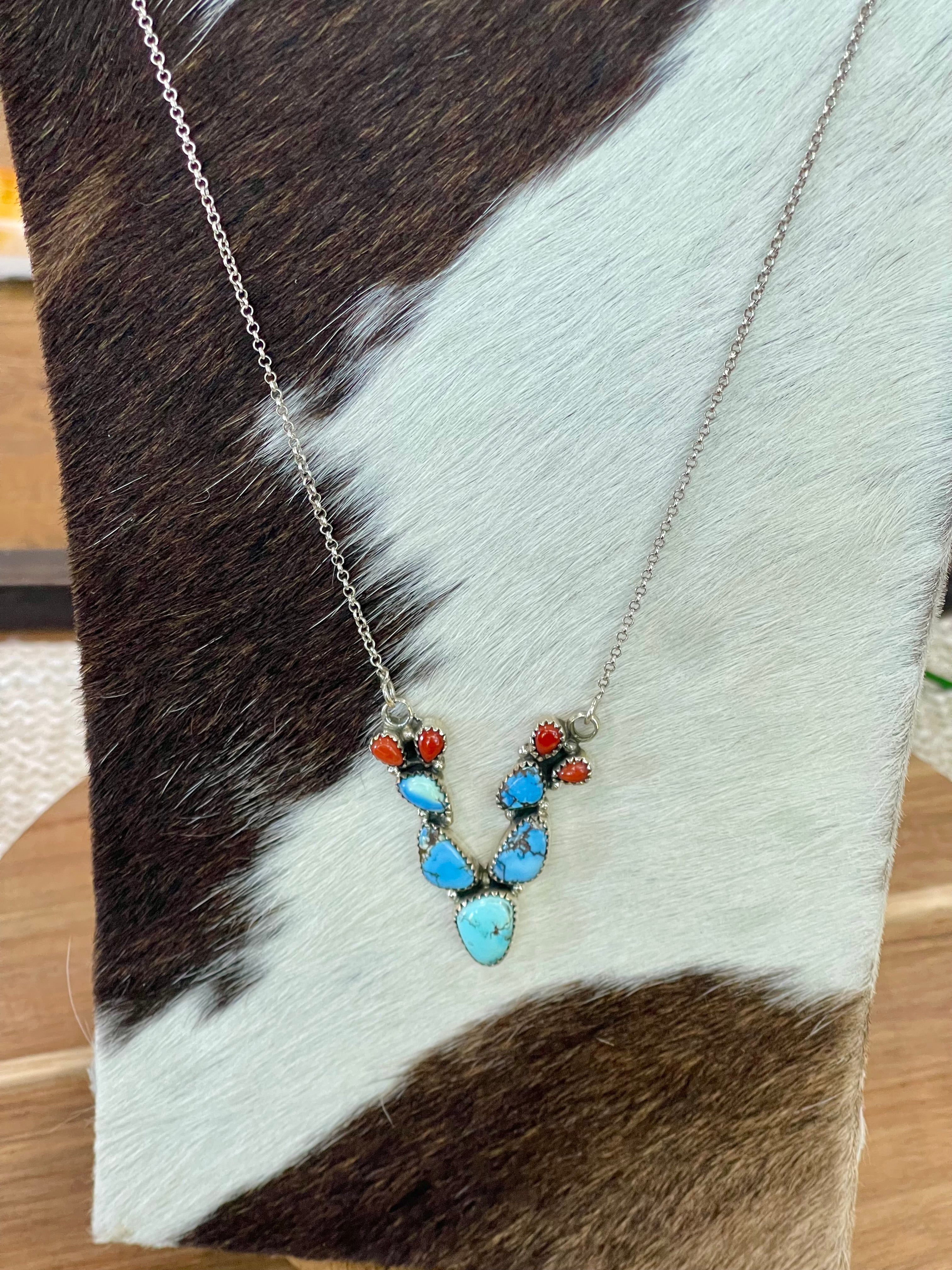 Handmade Sterling Silver, Golden Hills Turquoise & Coral Necklace Signed Nizhoni
