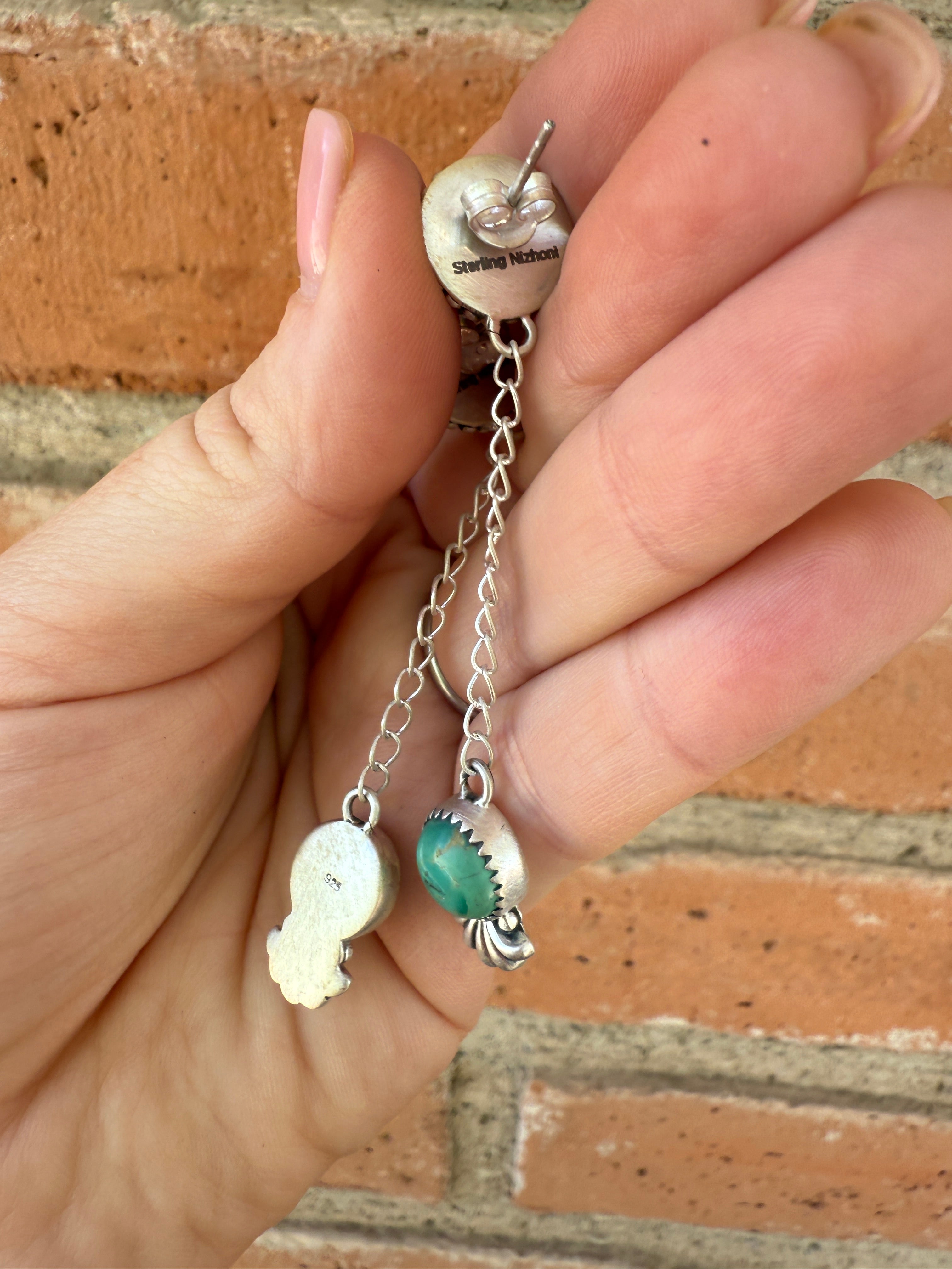 Handmade Sterling Silver Kingman Turquoise Dangle Earrings Signed Nizhoni 2 Stone