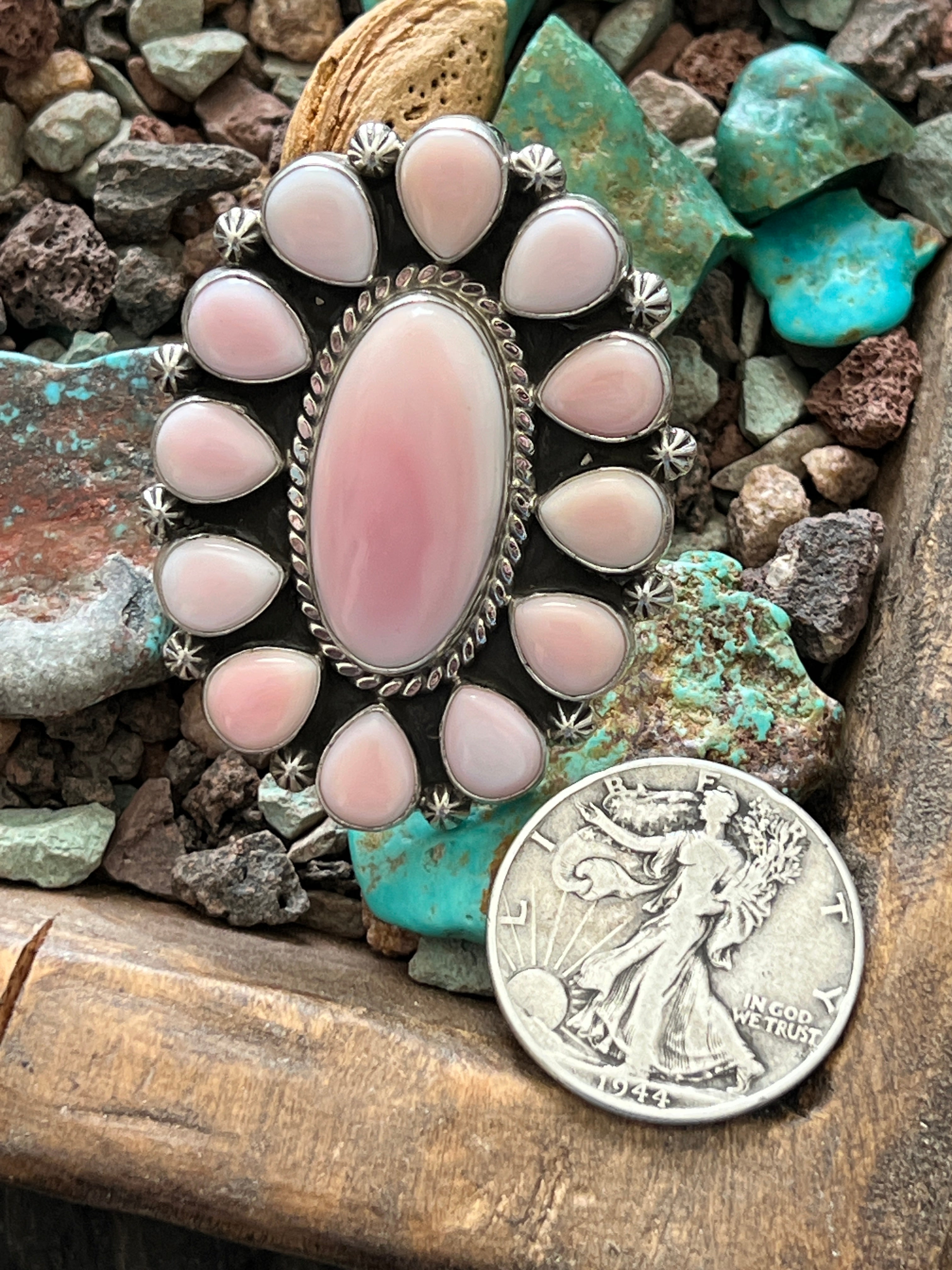 Handcrafted Sterling Silver and Oval Queen Pink Conch Shell Cluster Ring by Aaron Tallis, Adjustable