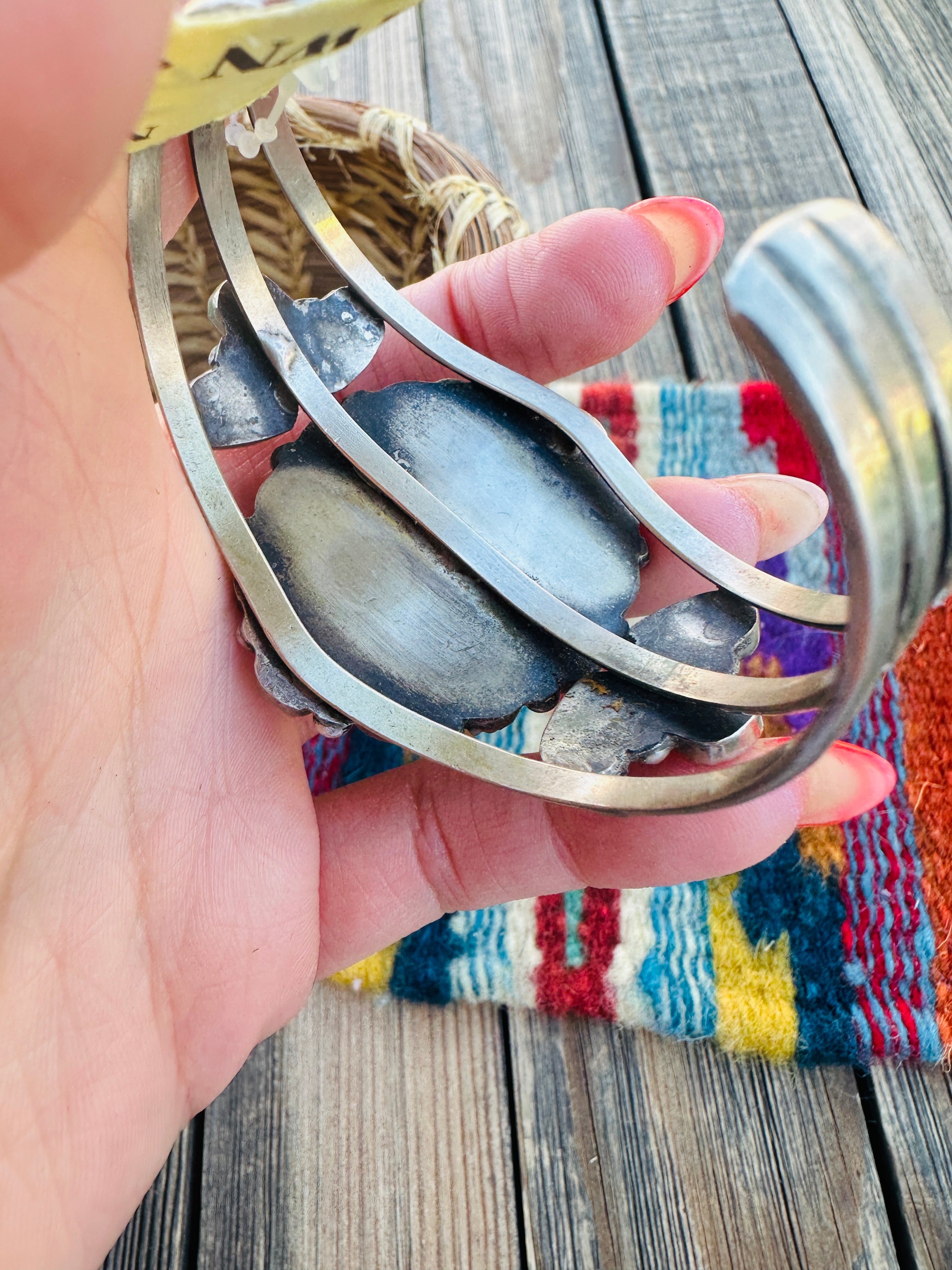 Handcrafted Old Pawn Coral & Sterling Silver Cluster Cuff Bracelet