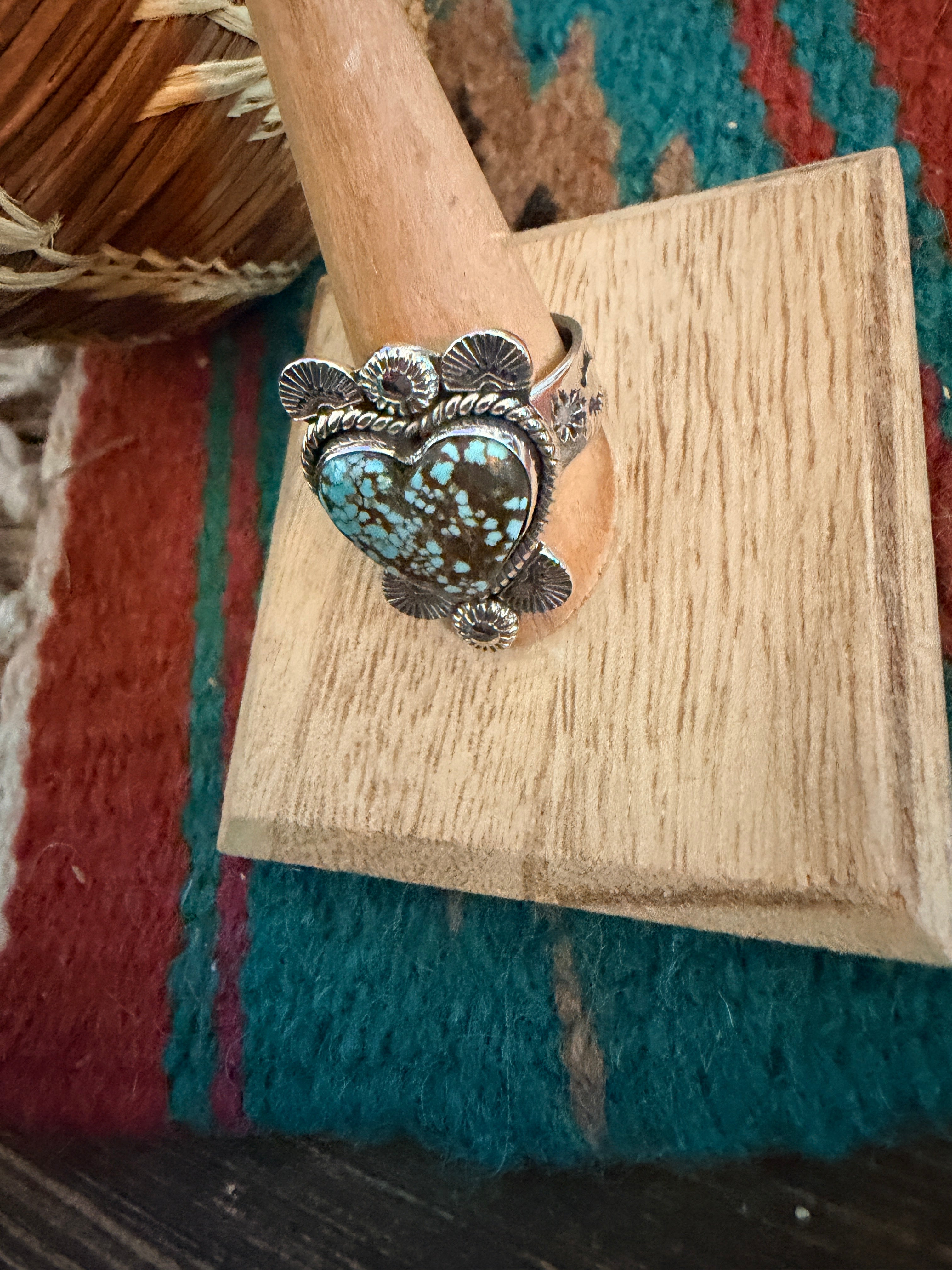 Handmade Sterling Silver Number 8 Turquoise Adjustable Heart Ring Signed Nizhoni