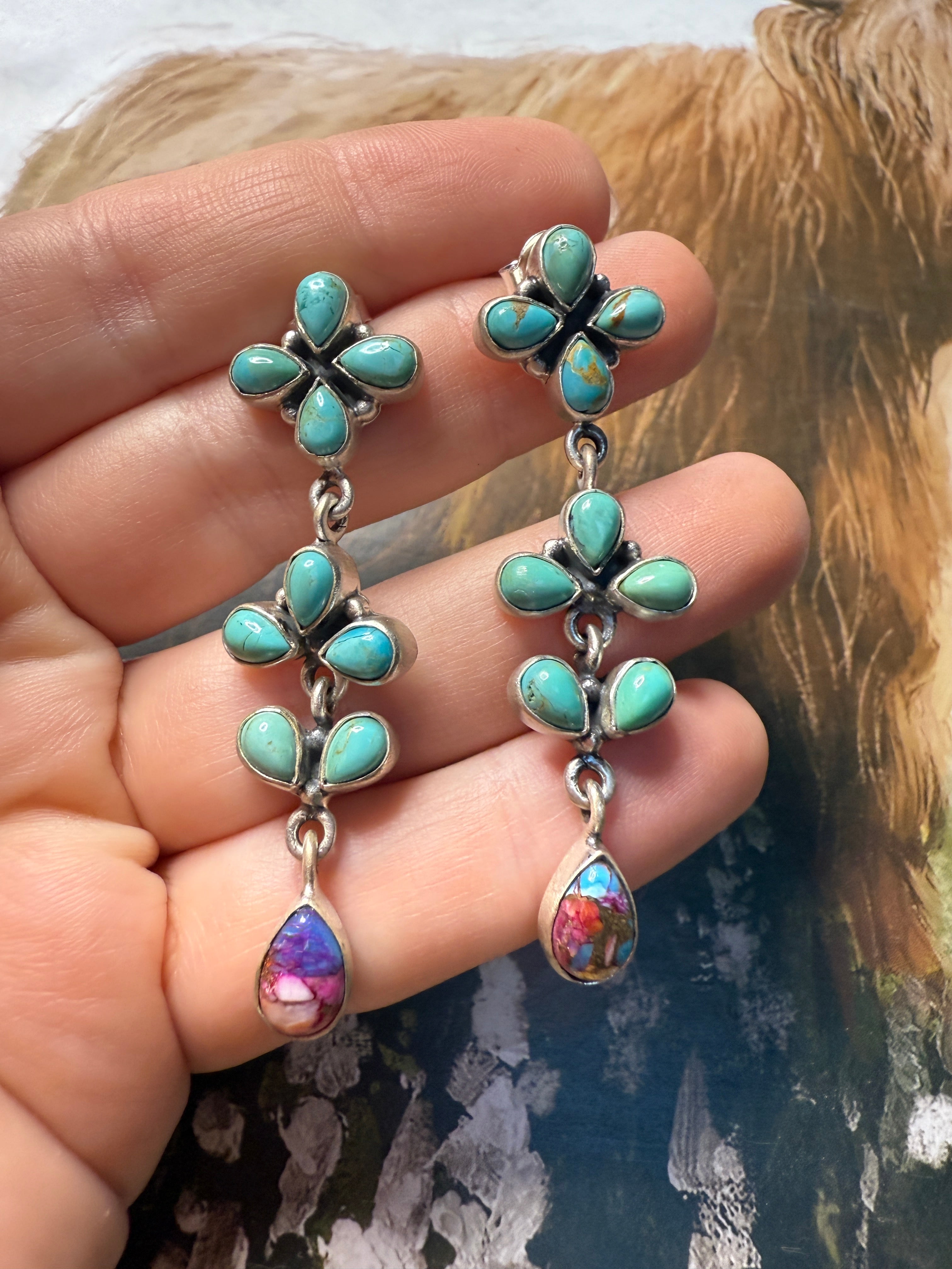 Handmade Sterling Silver, Pink Dream & Turquoise Post Dangle Earrings