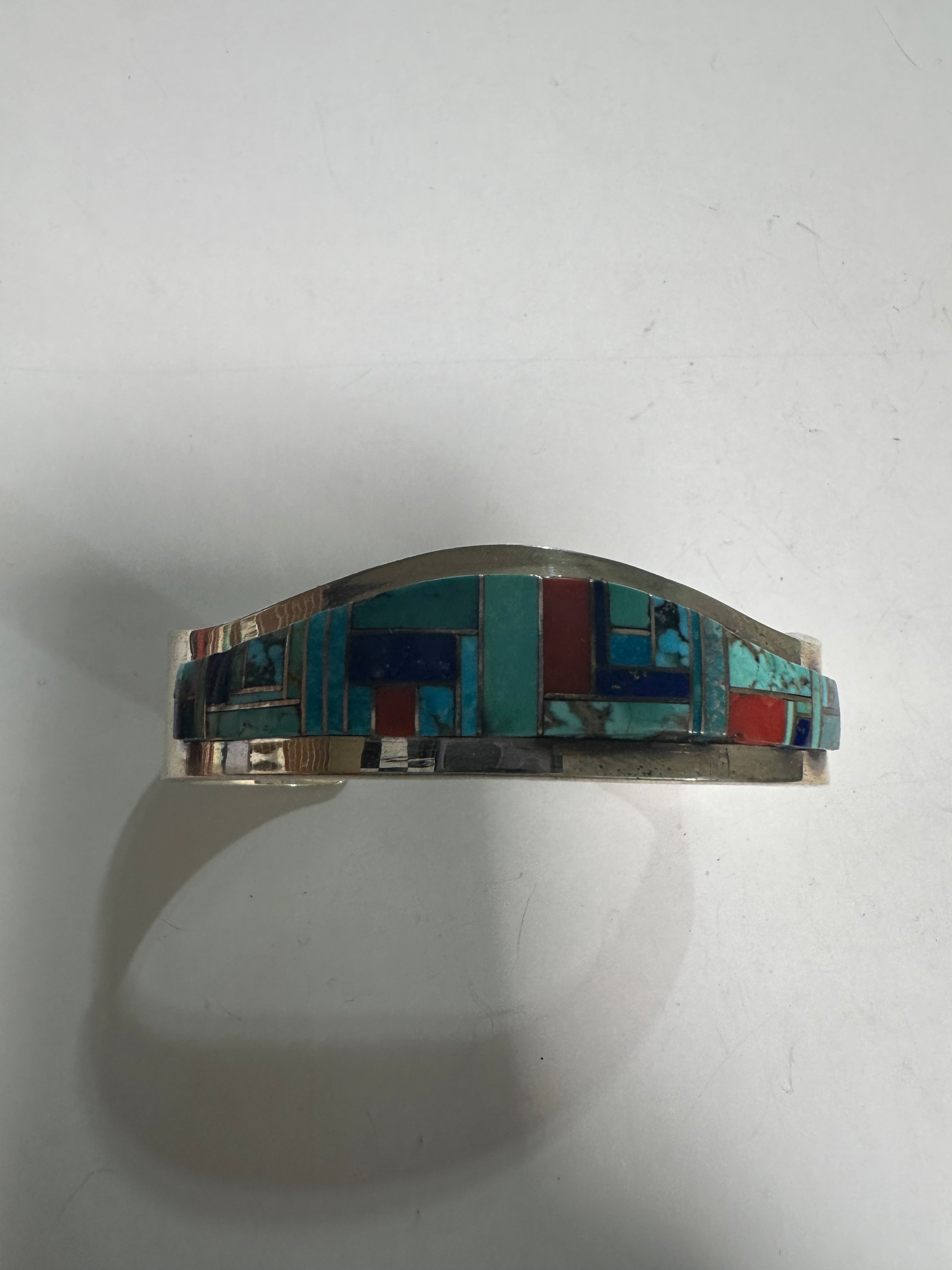 Handcrafted Multi Stone & Sterling Silver Inlay Cuff Bracelet Signed Patricia Becenti