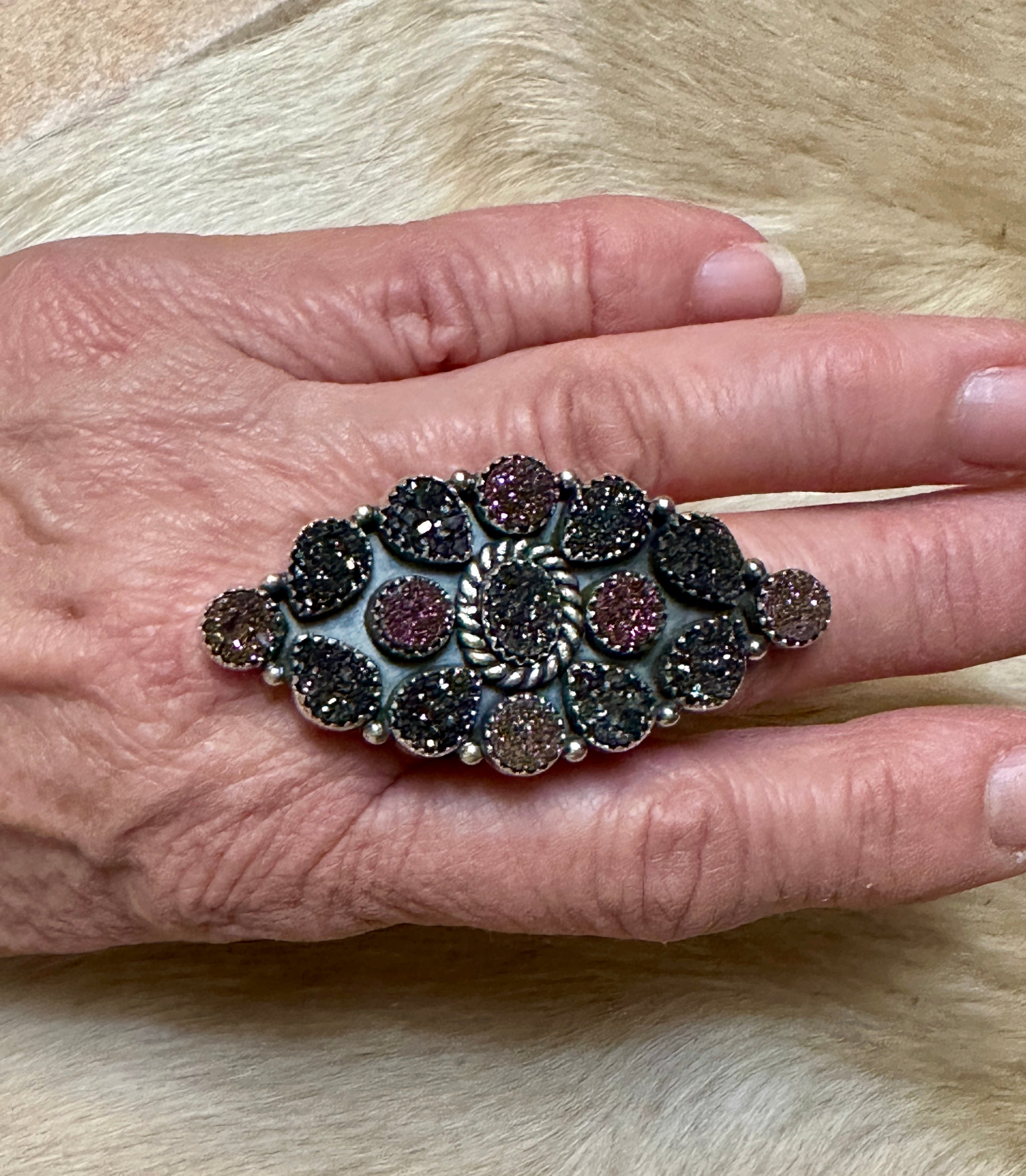 Handmade Purple, Pink & Grey Druzy Sterling Silver Adjustable Ring