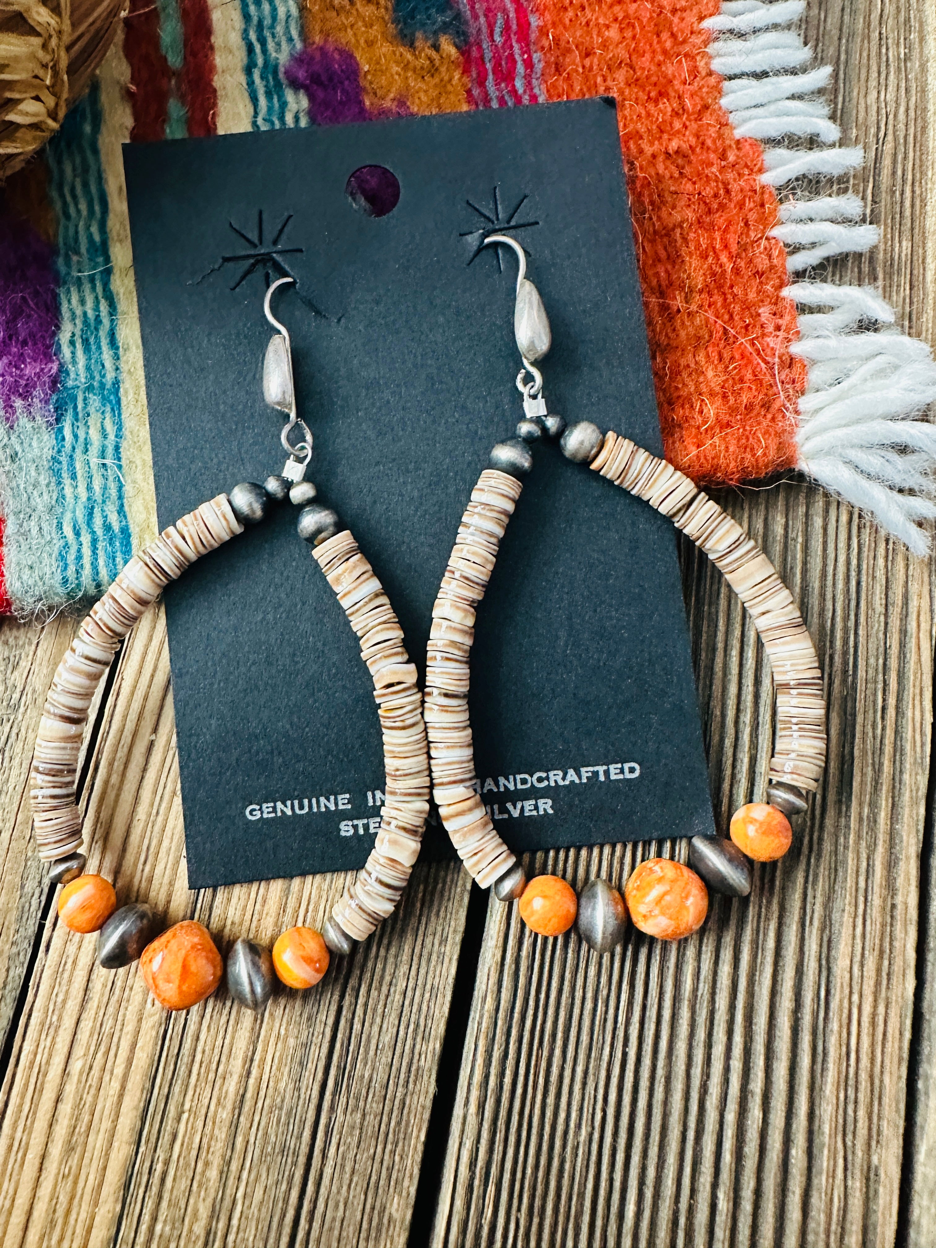 Handcrafted Heishi, Spiny Oyster & Sterling Silver Beaded Dangle Hoop Earrings