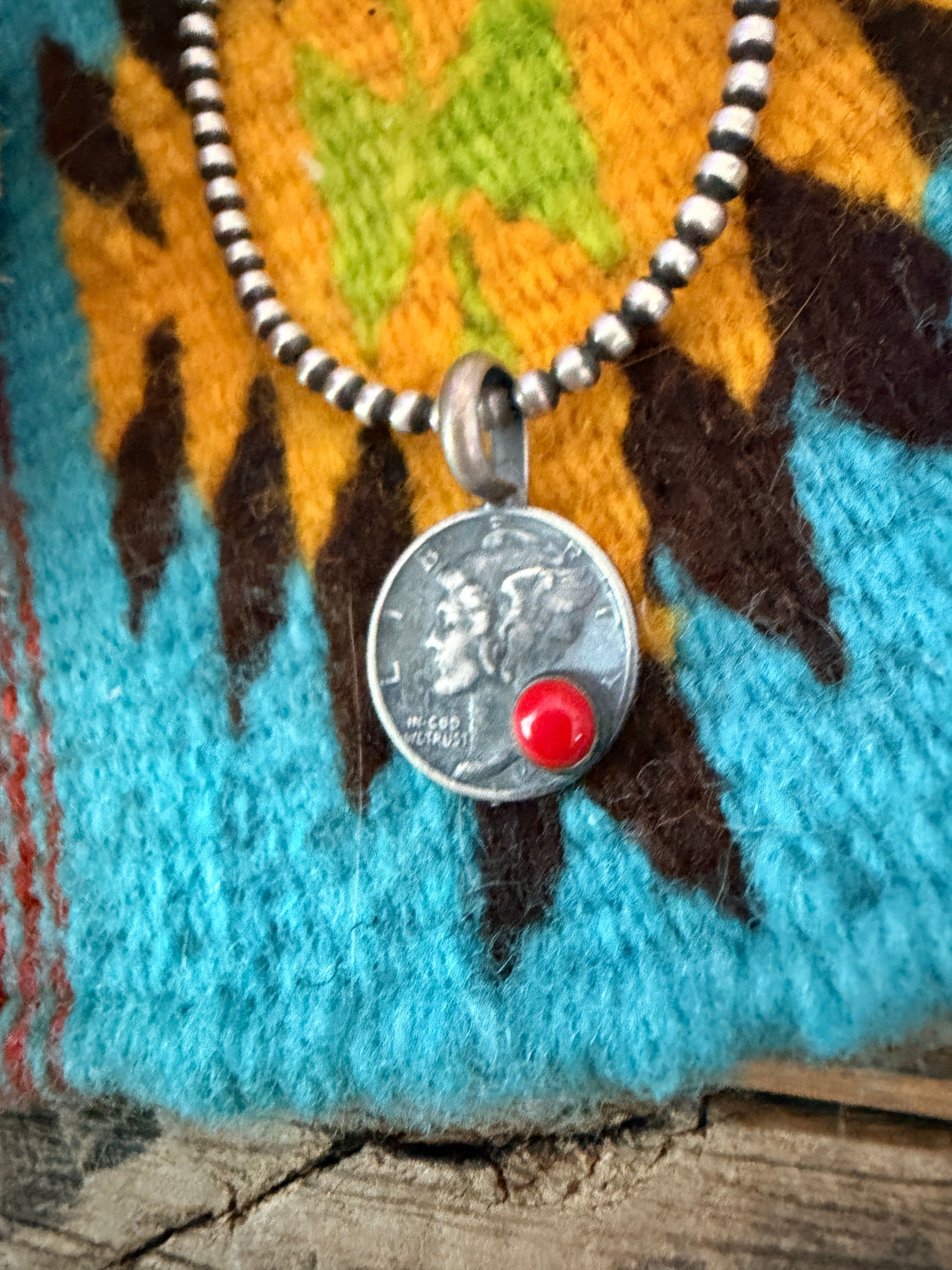 Handcrafted Sterling Silver & Coral Liberty Dime Pendant